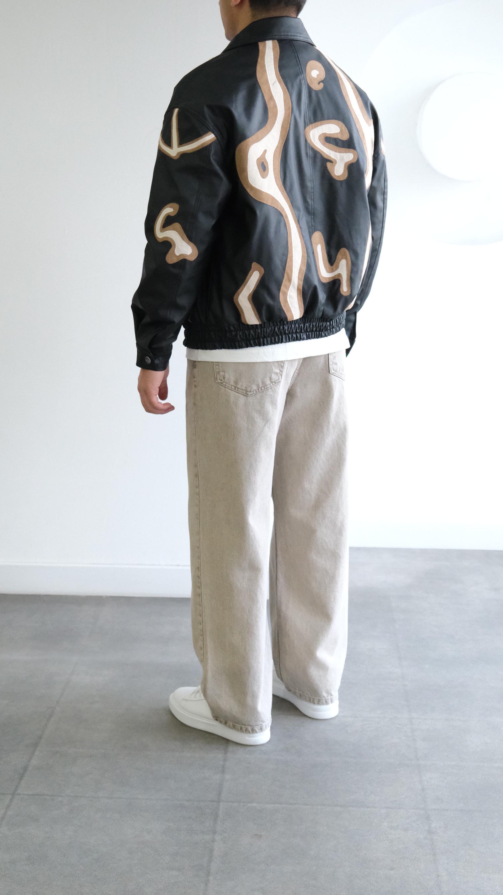 Baskı Detaylı Siyah Bomber Deri Ceket