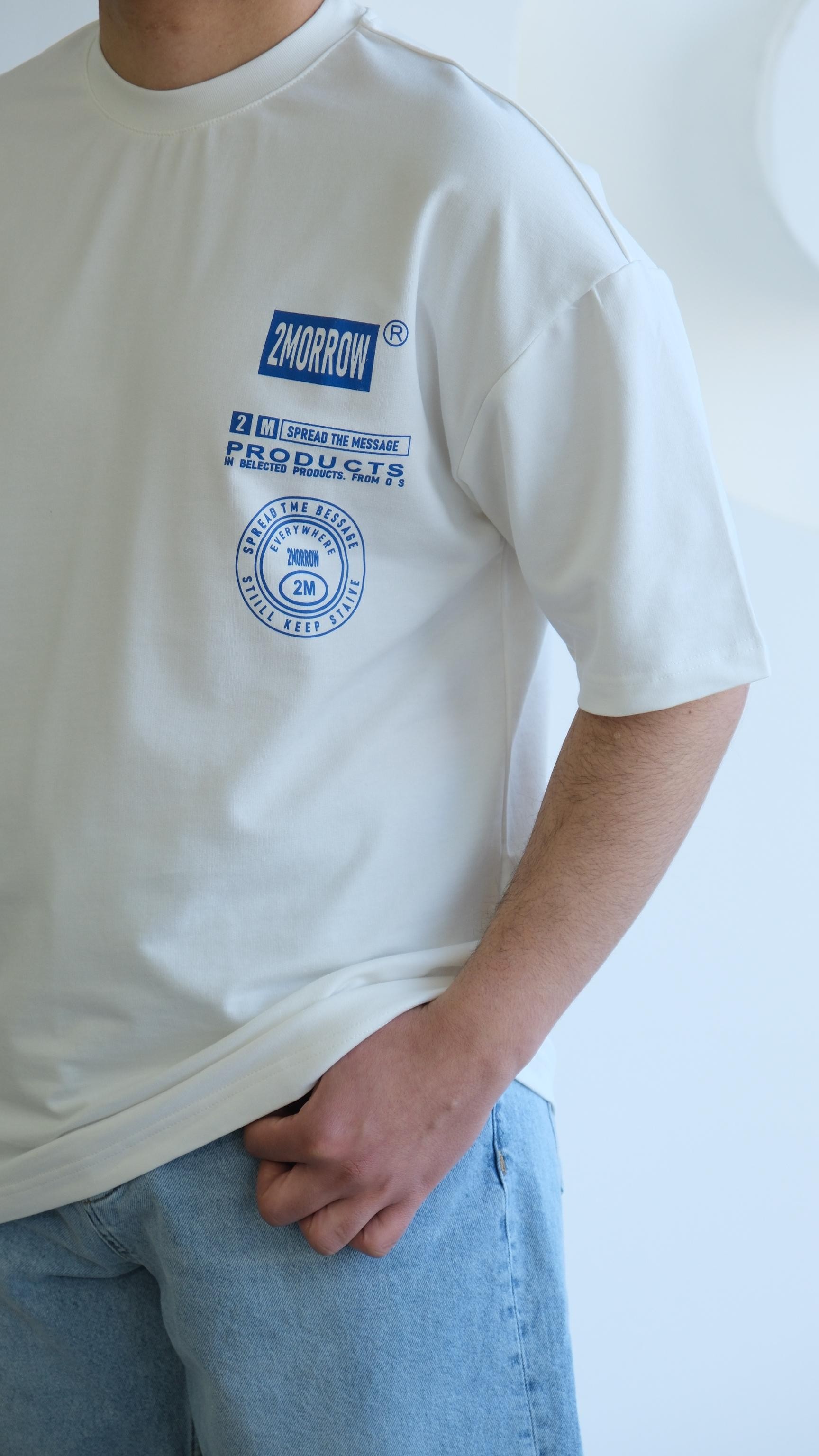 Mavi Baskılı Beyaz Oversize Tshirt