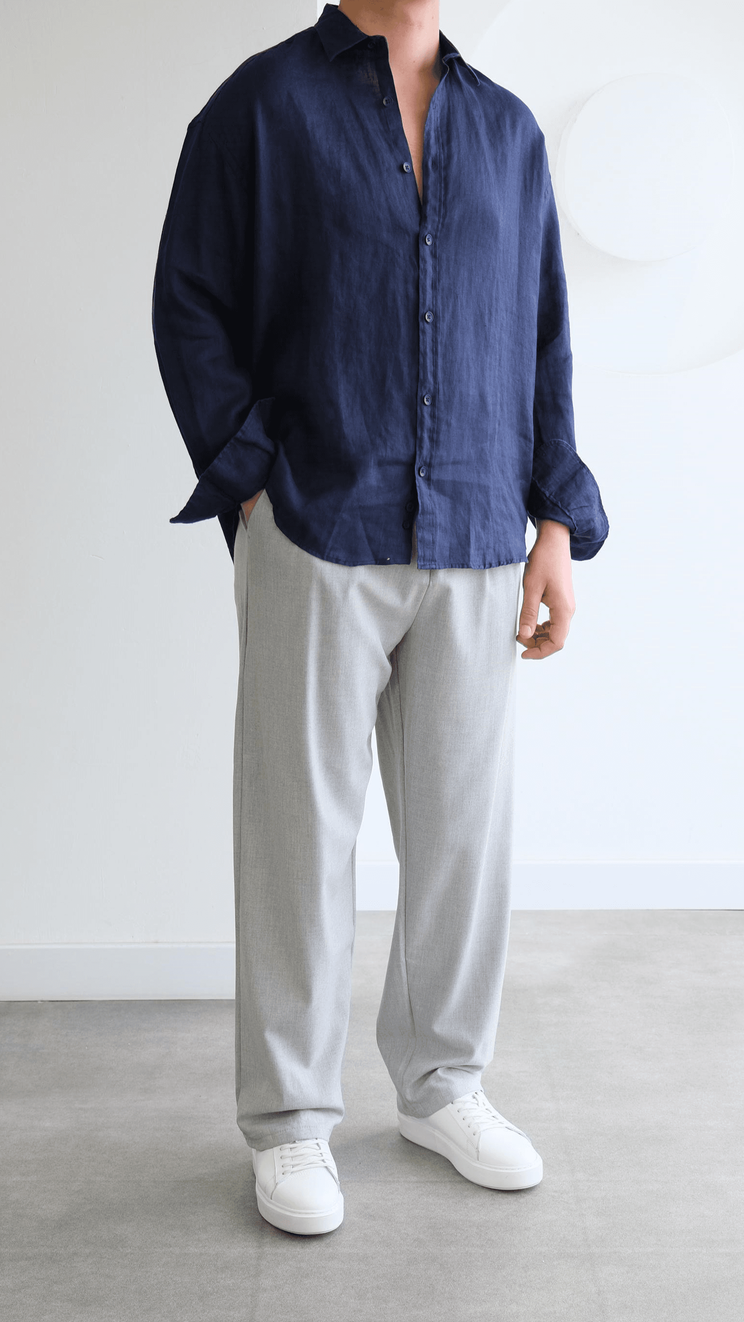 Lacivert Oversize Keten Gömlek