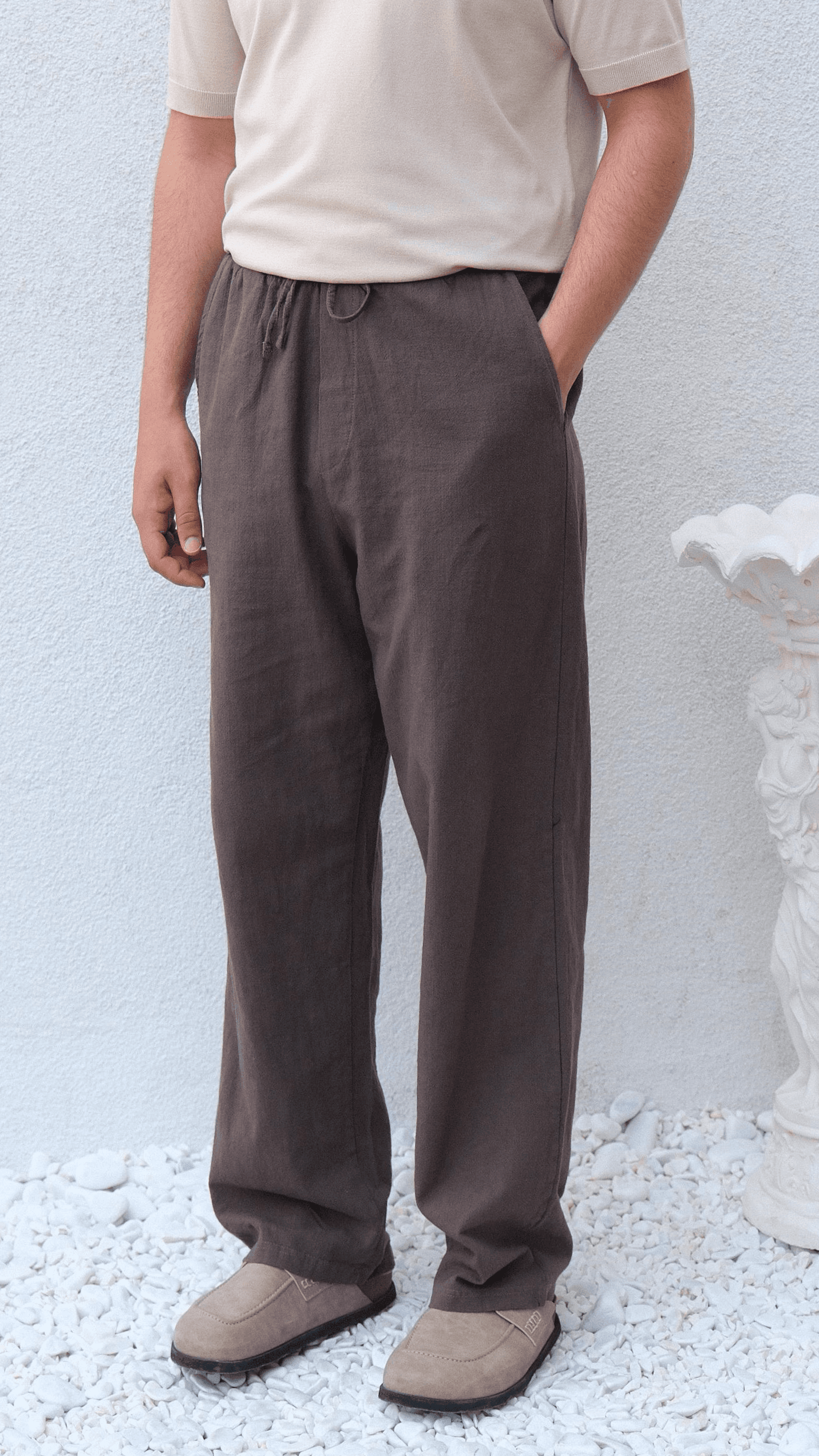 Kahve Bağcıklı Baggy Keten Pantolon