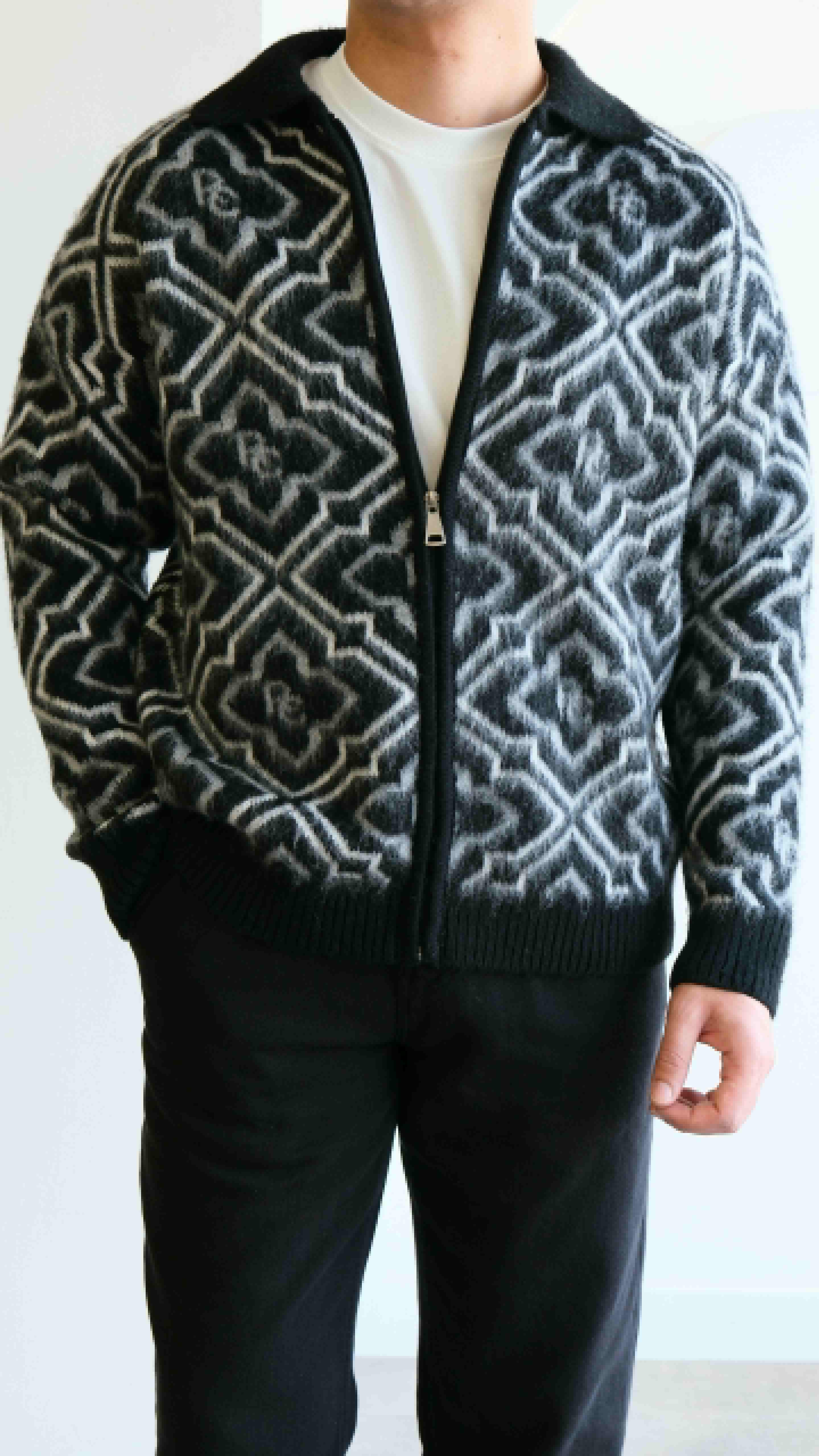 Yün Görünümlü Siyah Desenli Hırka