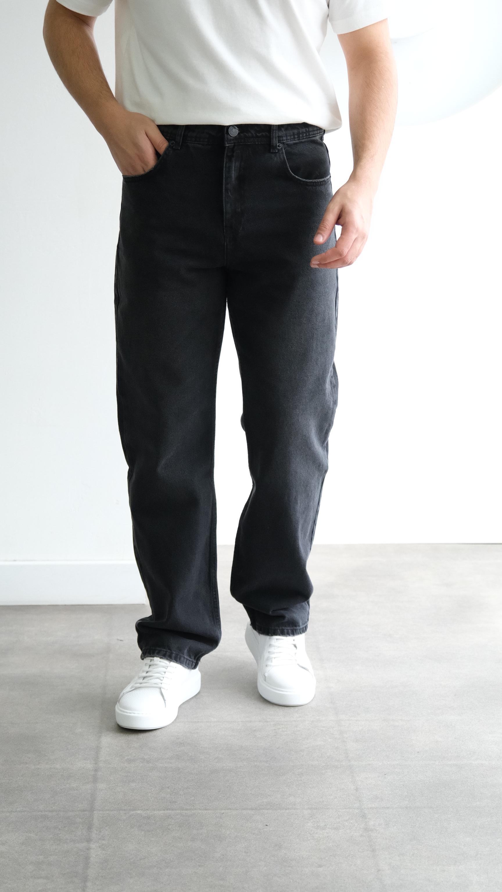 Yıkamalı Gri Baggy Jean Pantolon