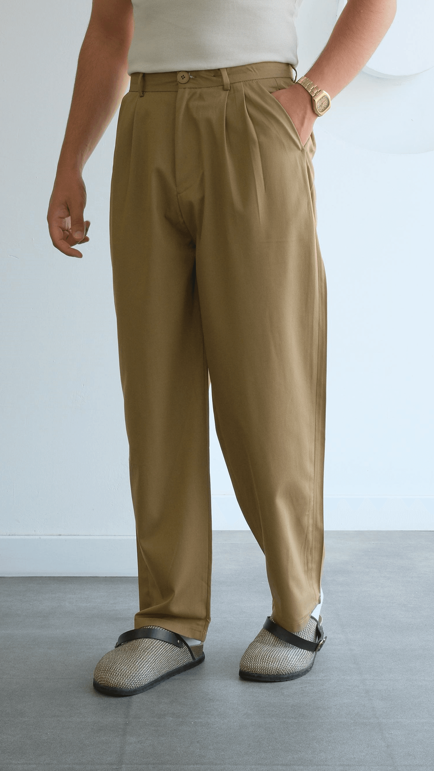 Camel Baggy Pileli Kumaş Pantolon
