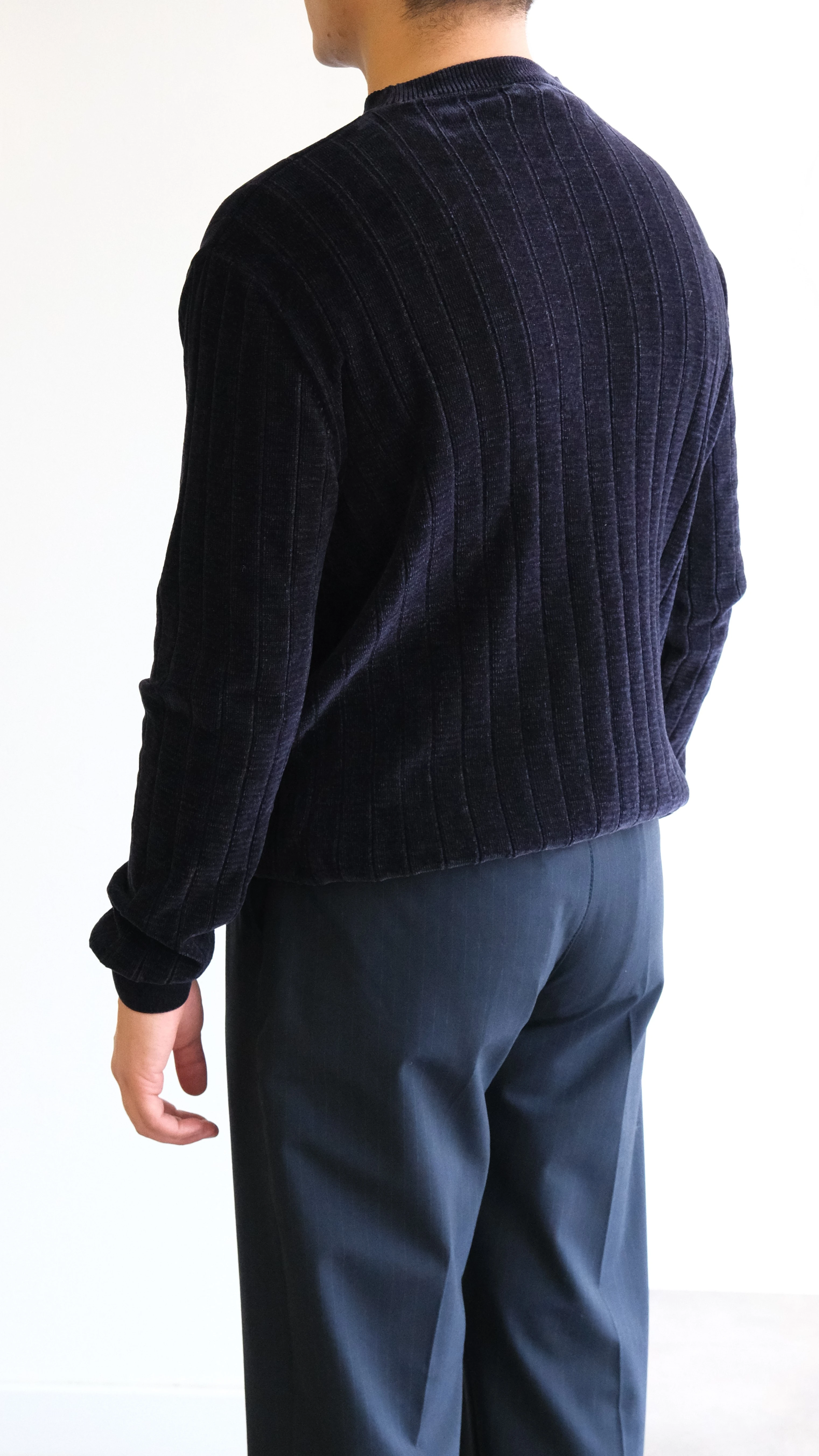 Jakarlı Şeritli Lacivert Simit Yaka Kazak