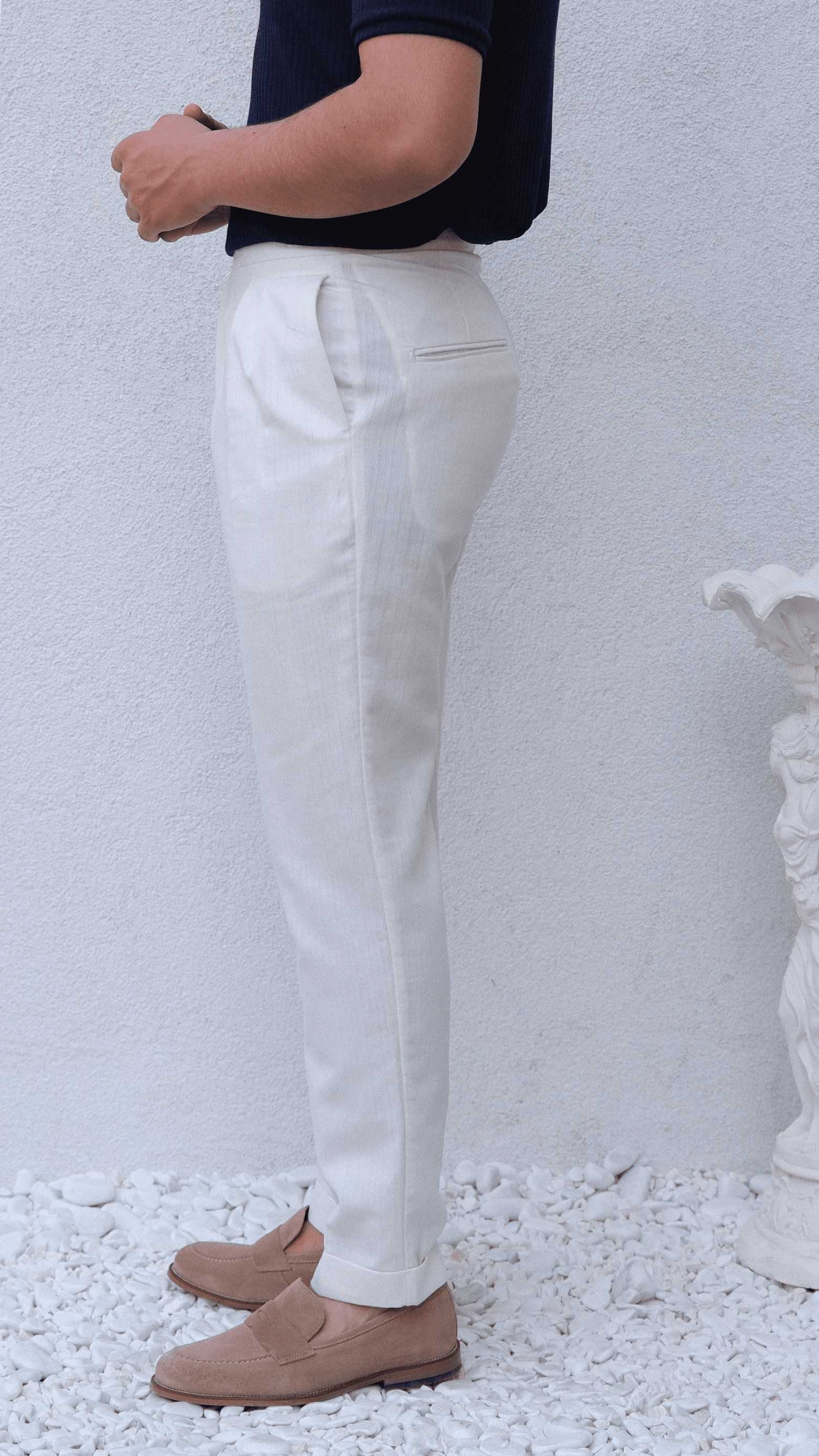 Beyaz İtalyan Kesim Keten Pantolon