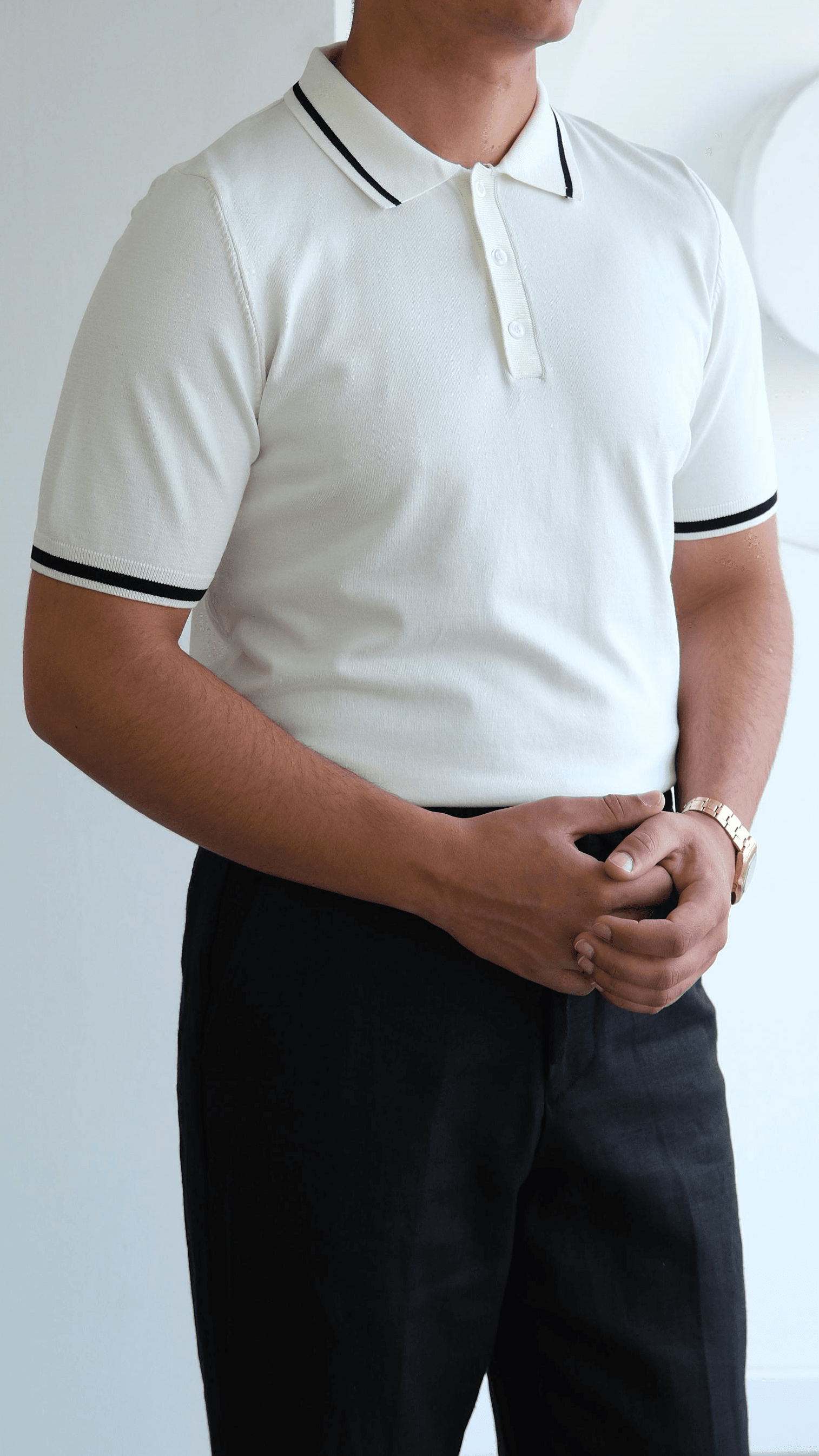 Ekru Polo Yaka Şeritli Triko Tshirt