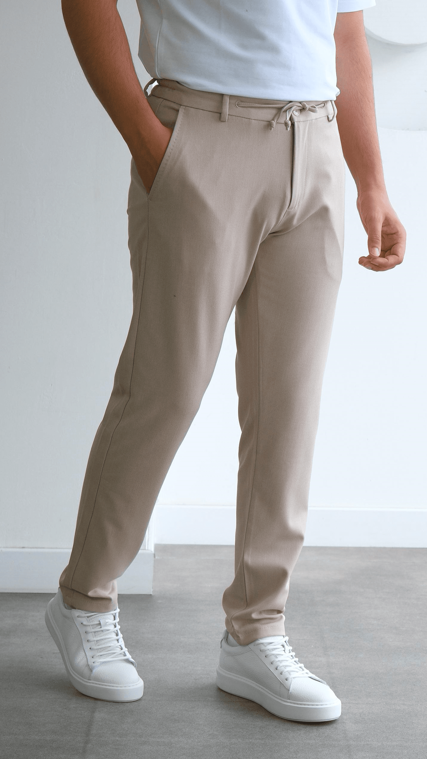 Bej Regular Belden Bağcıklı Kumaş Pantolon