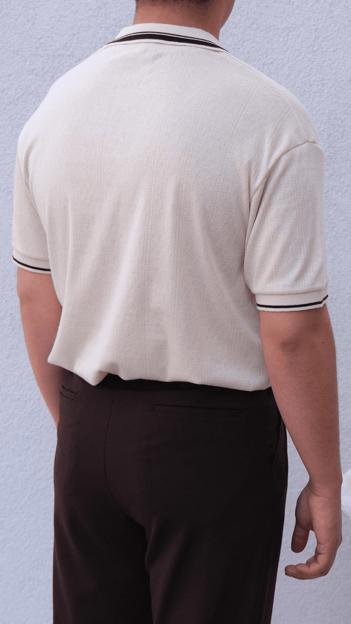 Bej Şerit Detaylı Apaş Yaka Triko Tshirt
