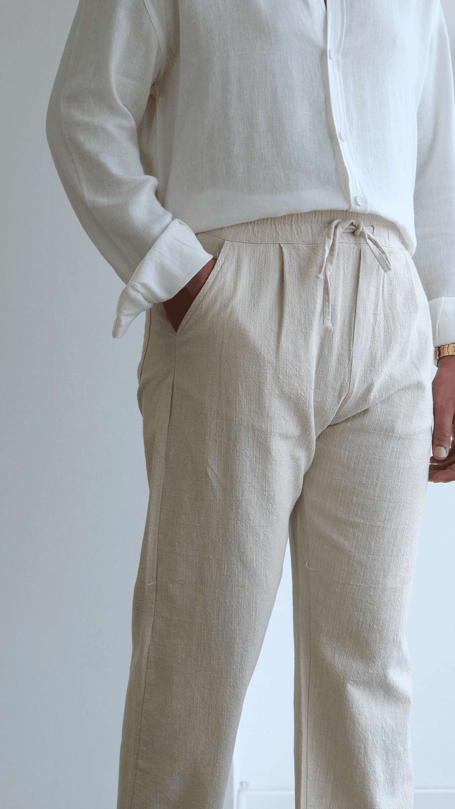 Bej Baggy Keten Bağcıklı Pantolon