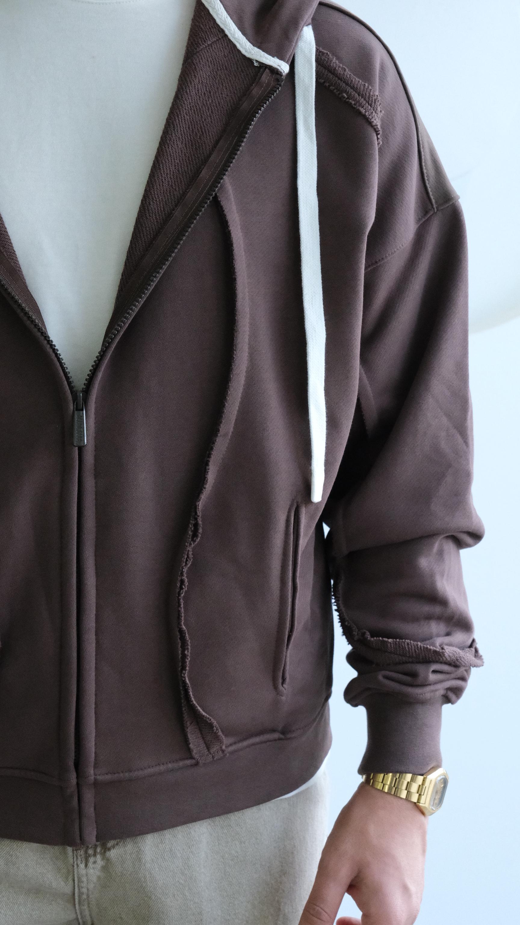 Kahve Kapüşonlu Şerit Desenli Sweatshirt