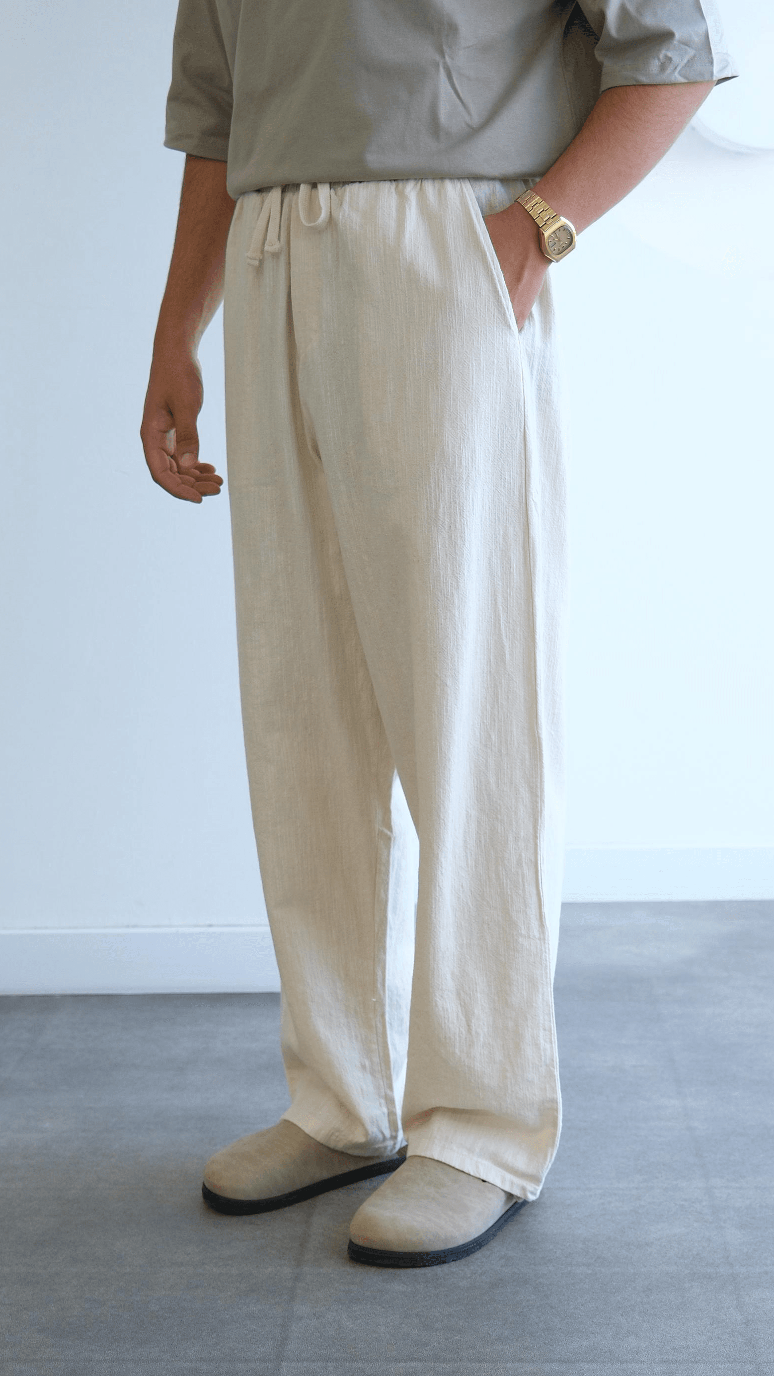 Krem Baggy Keten Bağcıklı Pantolon