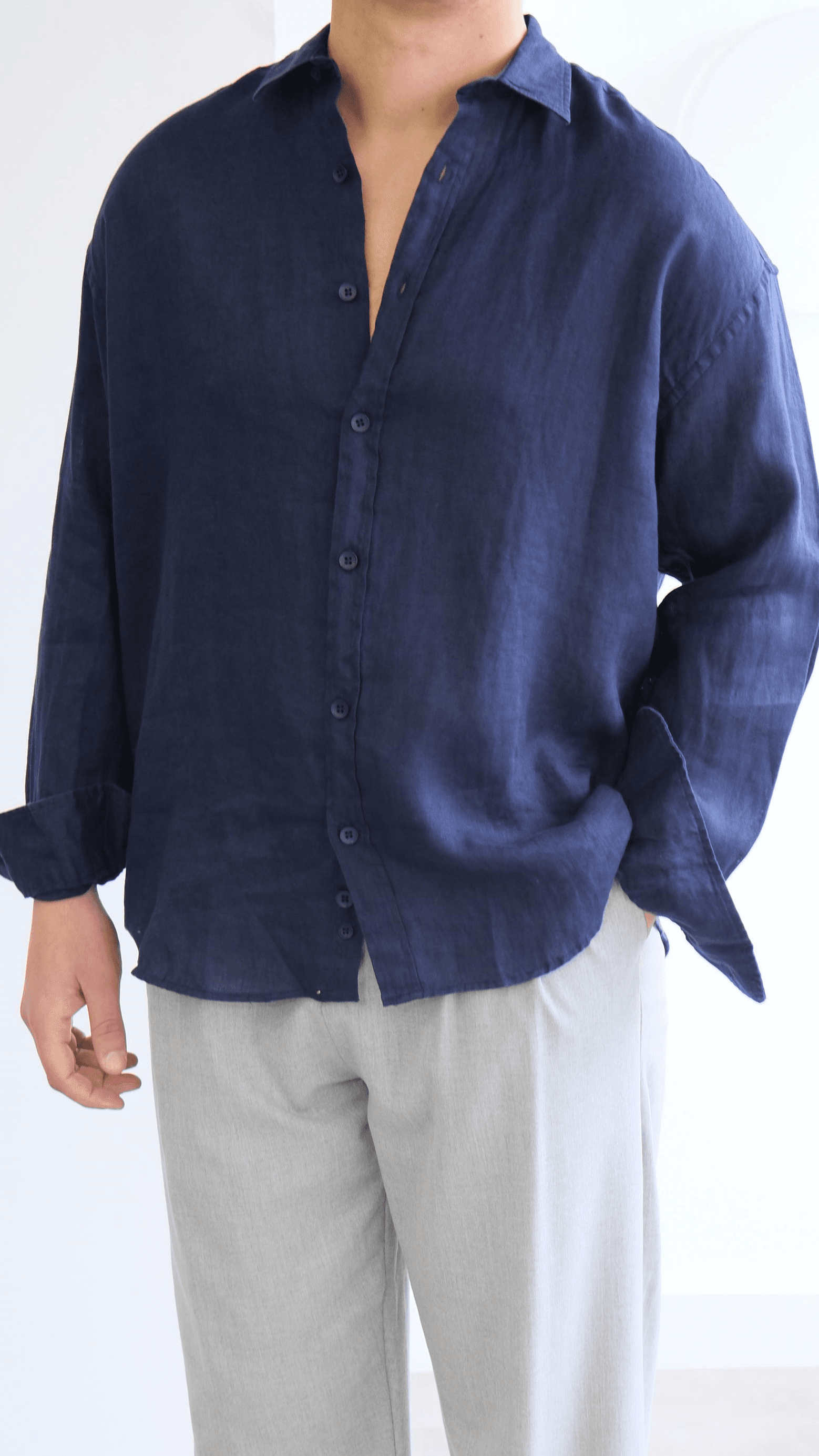 Lacivert Oversize Keten Gömlek