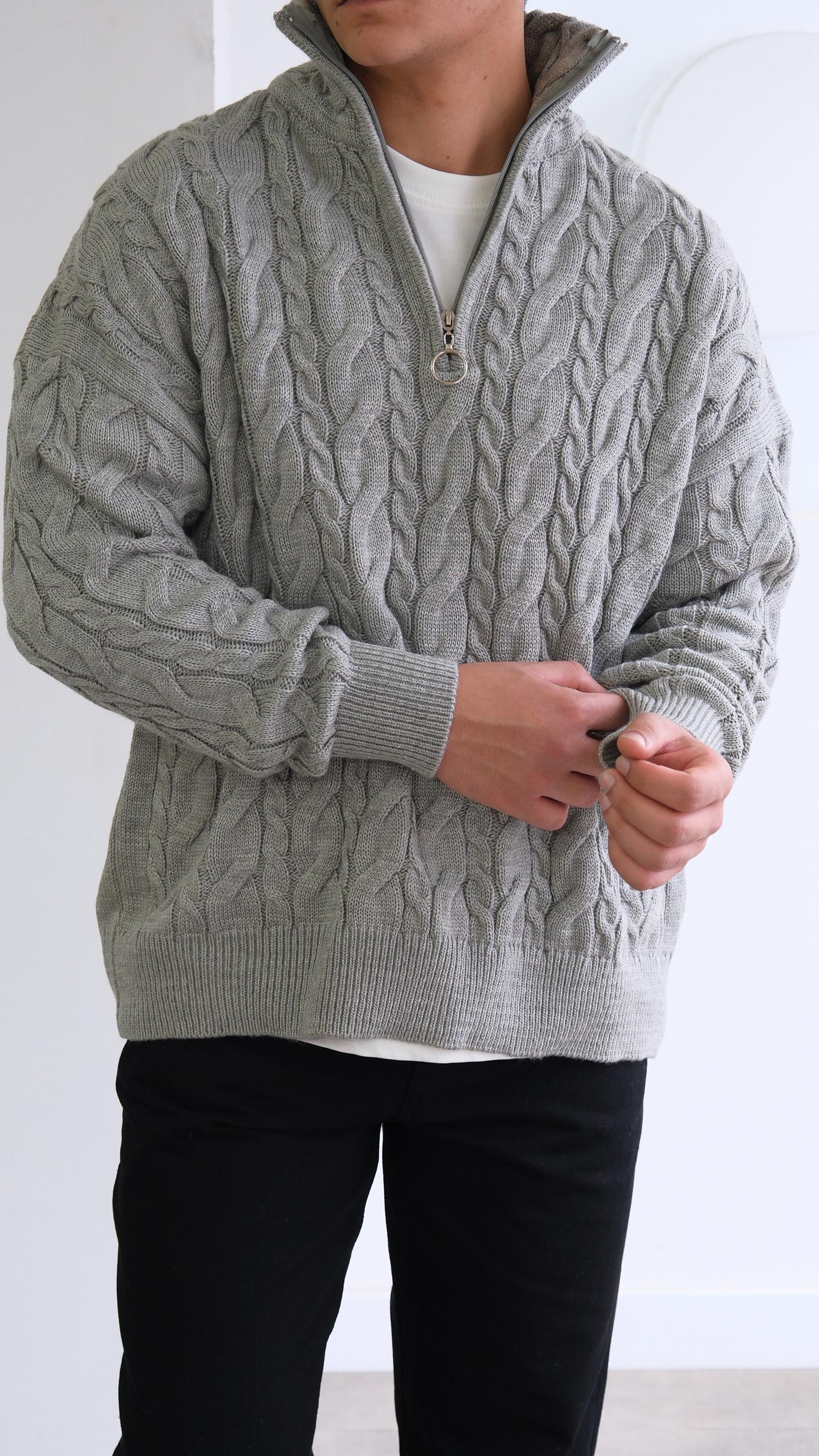 Gri Balıkçı Yaka Saç Örgü Kazak