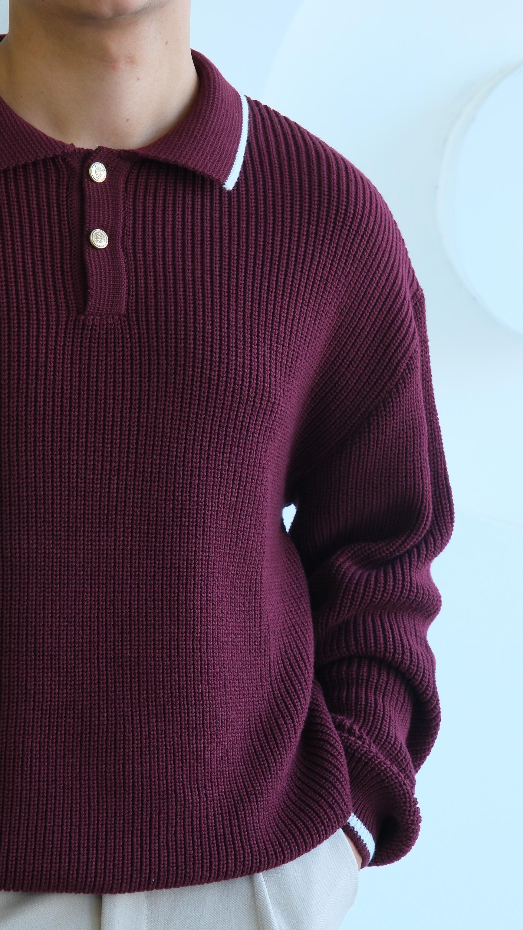 Bordo Örme Polo Yaka Şeritli Kazak