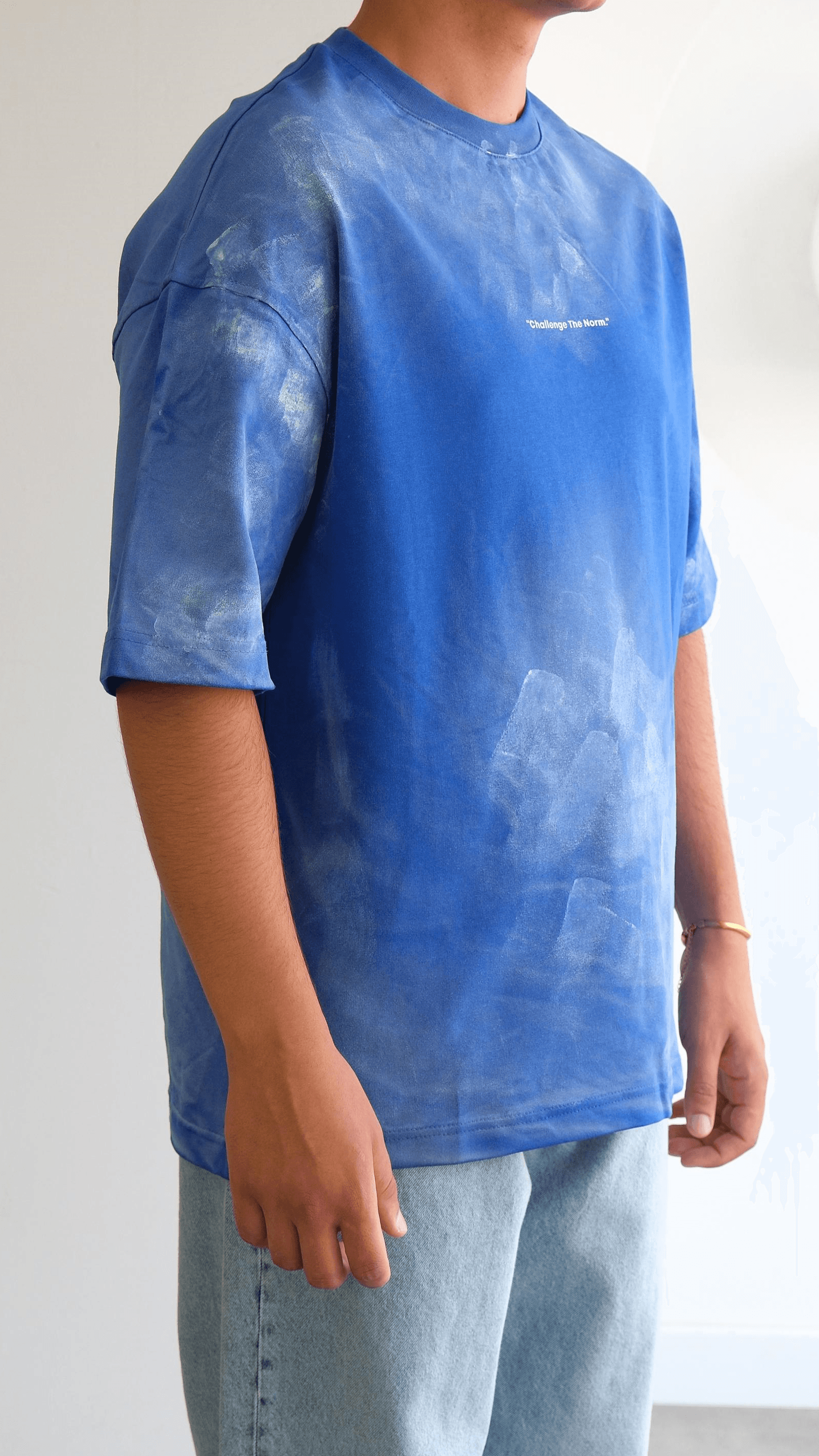 Saks Mavisi Yazı Baskılı Yıkamalı Tshirt