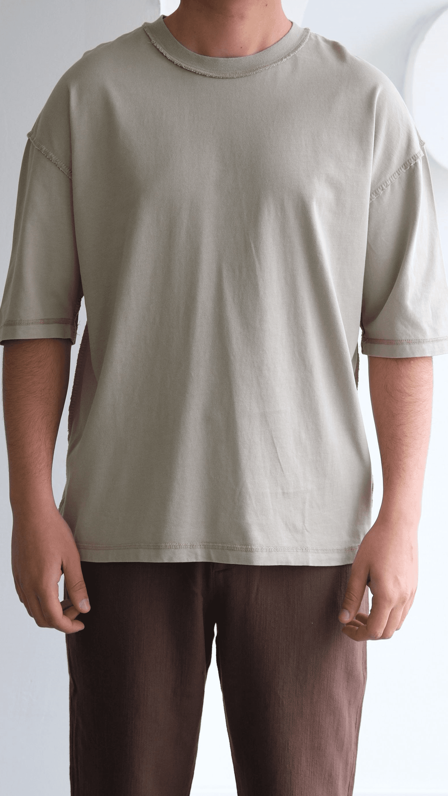 Bej Ters Dikiş Detaylı Oversize Tshirt