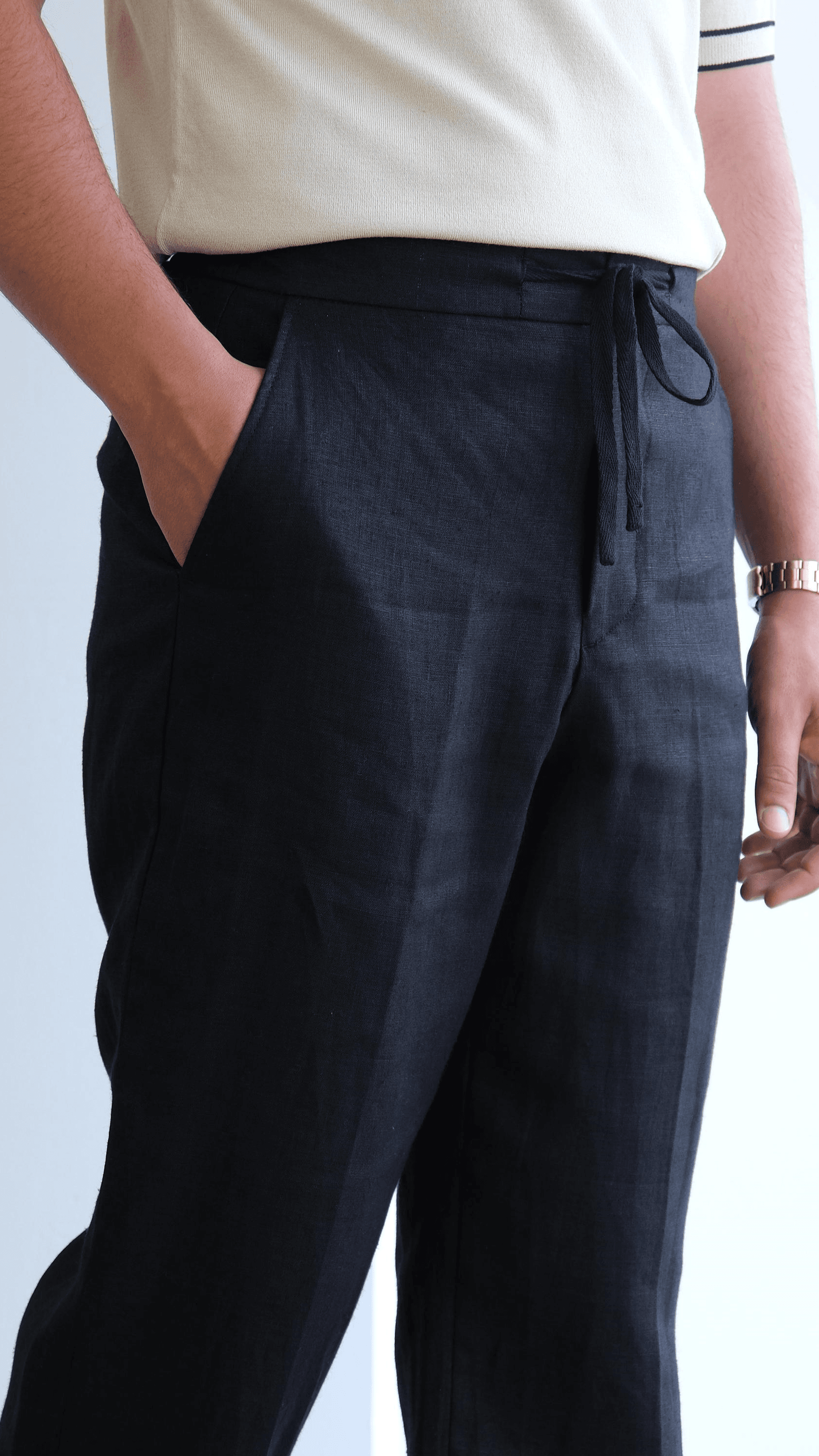 Siyah Keten Belden Bağlamalı Baggy Pantolon