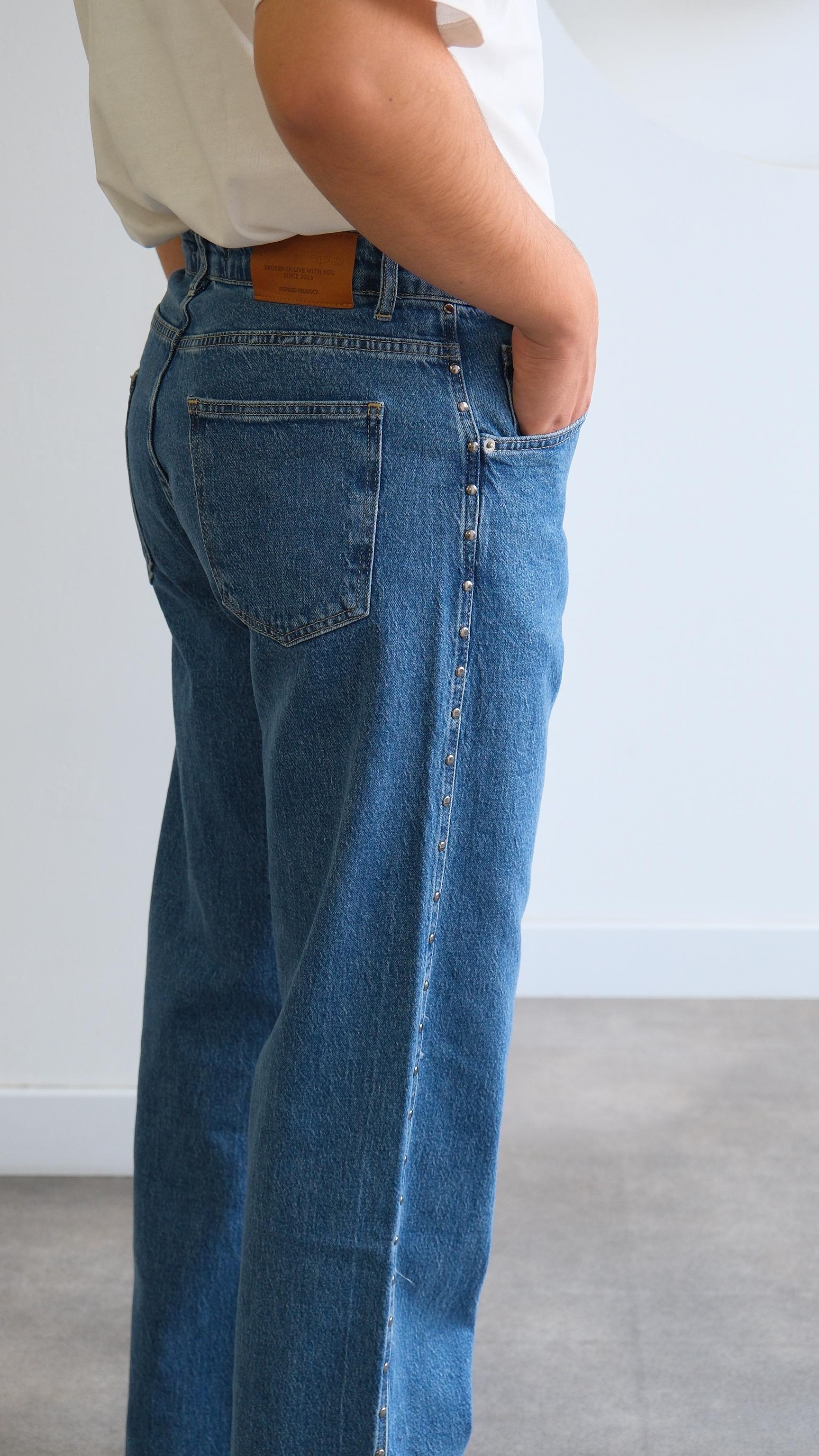Metal Detaylı Mavi Baggy Jean