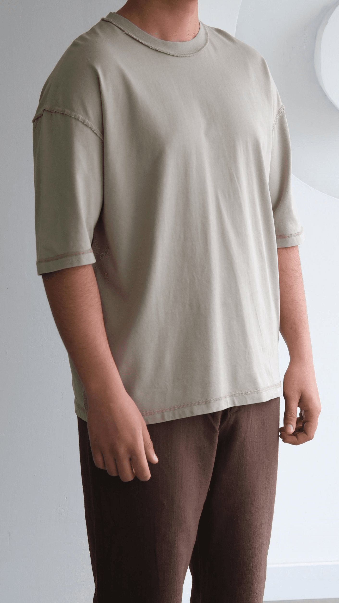 Bej Ters Dikiş Detaylı Oversize Tshirt