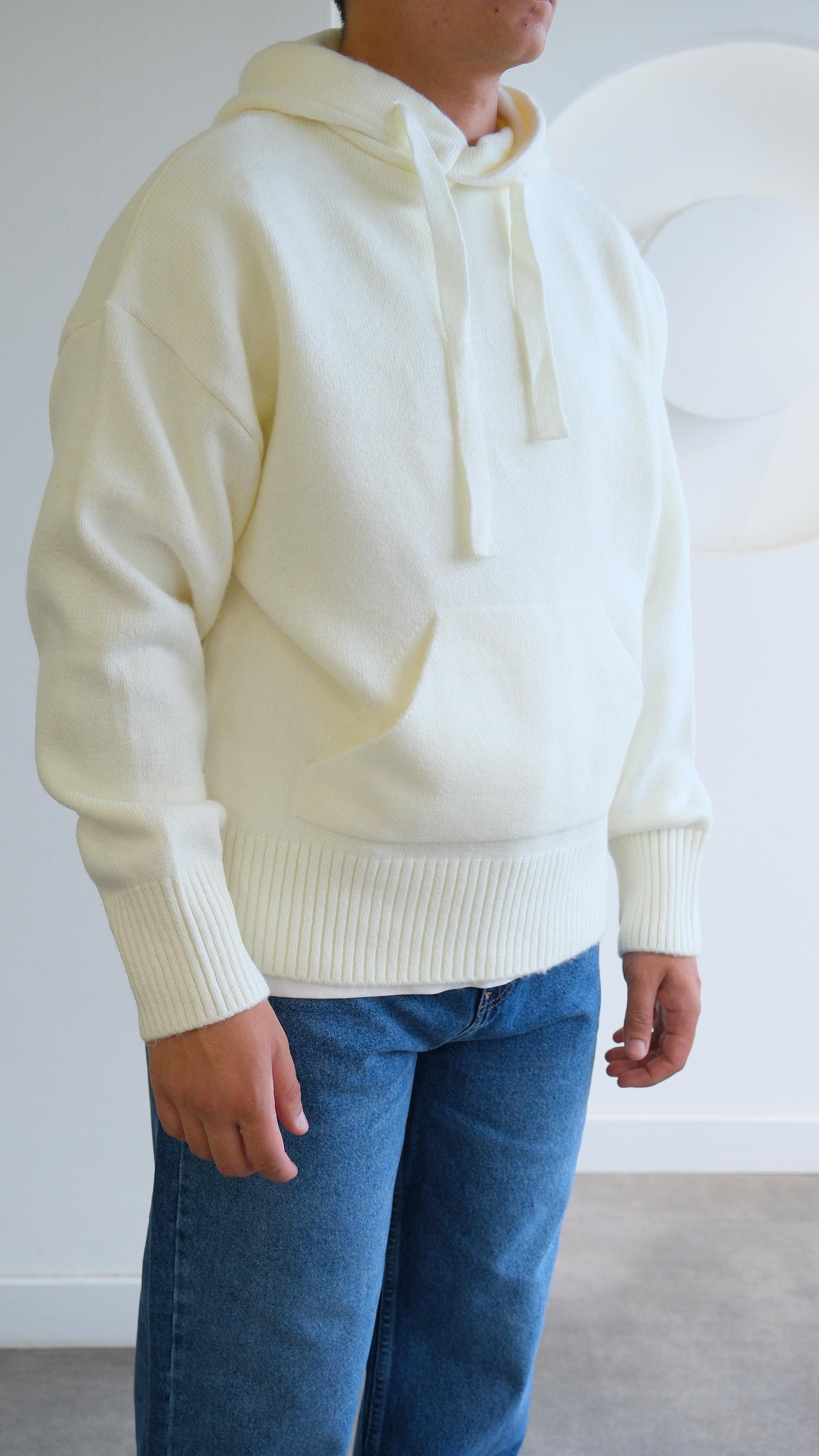 Ekru Yün Kapüşonlu Sweatshirt