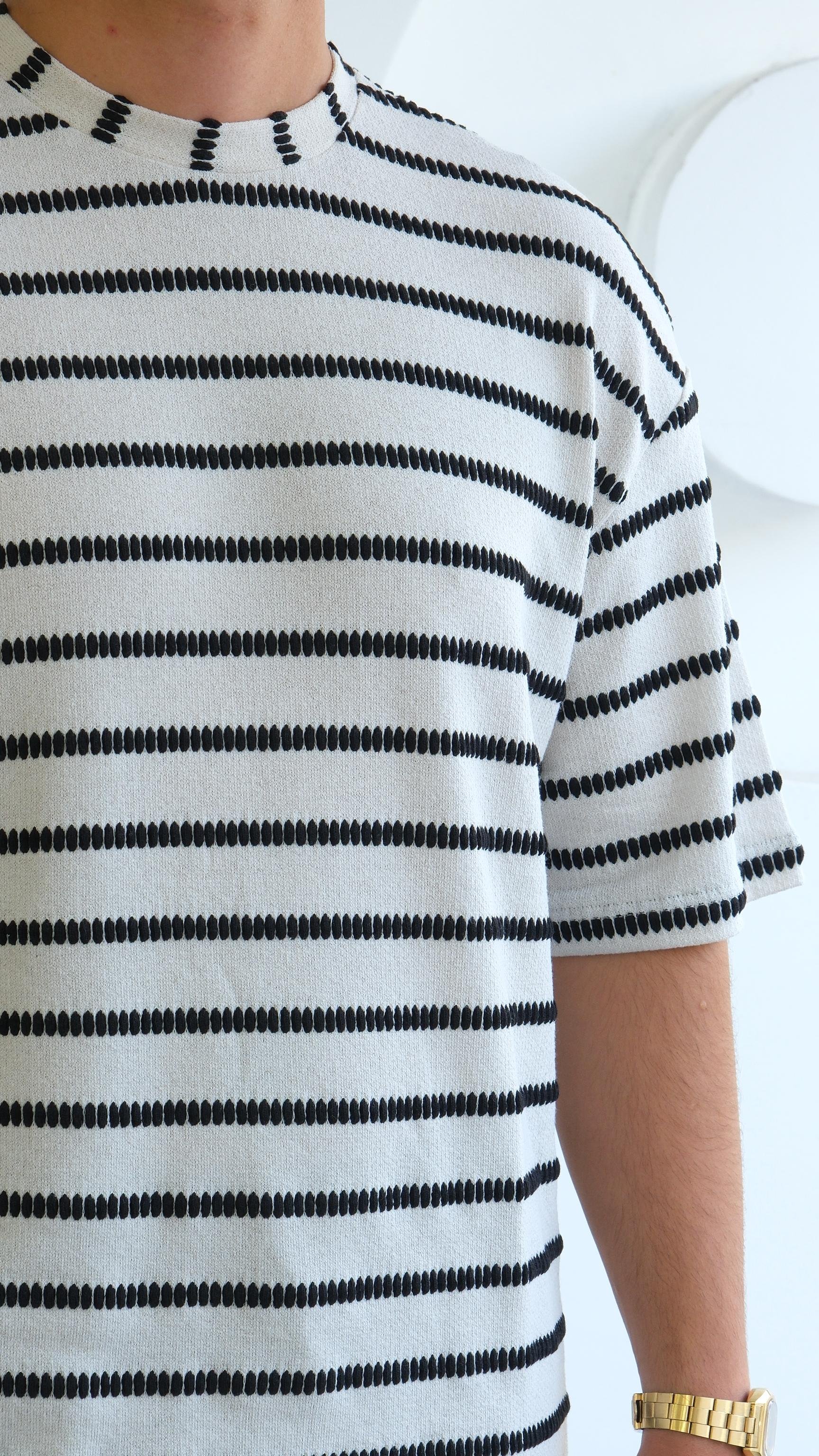Siyah Beyaz Şeritli Örme Tshirt