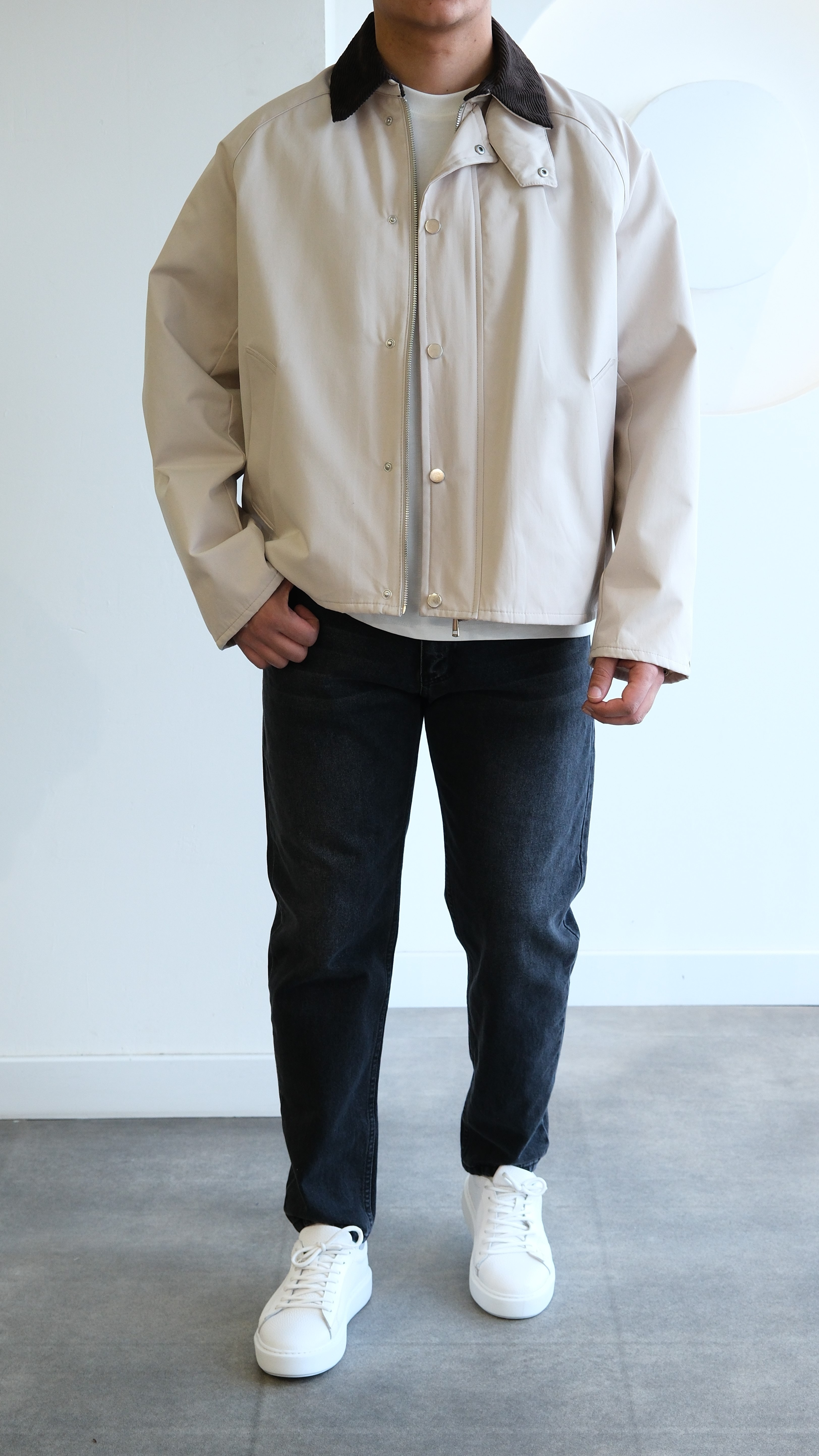 Kontrast Yaka Ekru Teknik Ceket