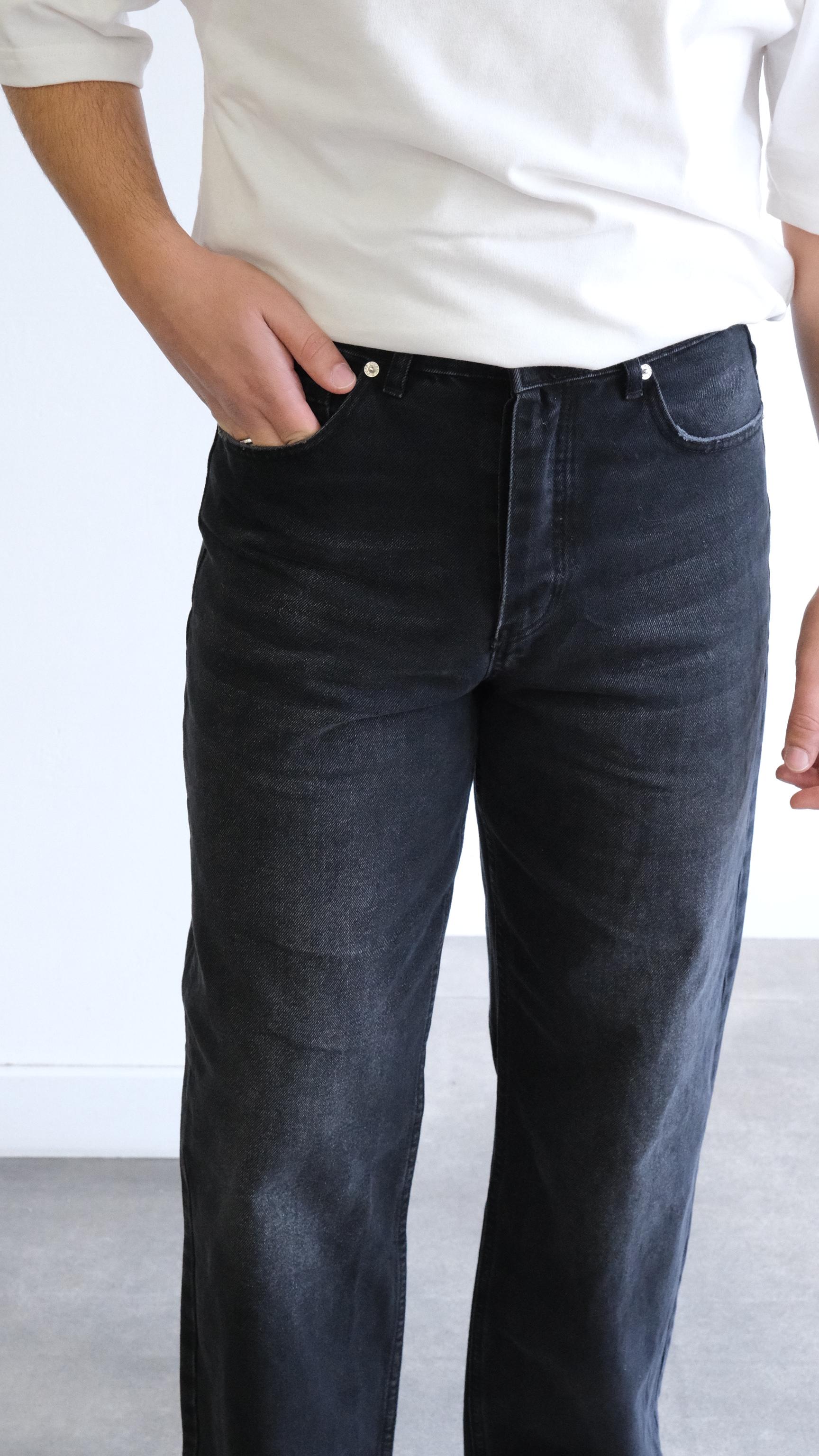 Yıkamalı Koyu Gri Baggy Jean Pantolon