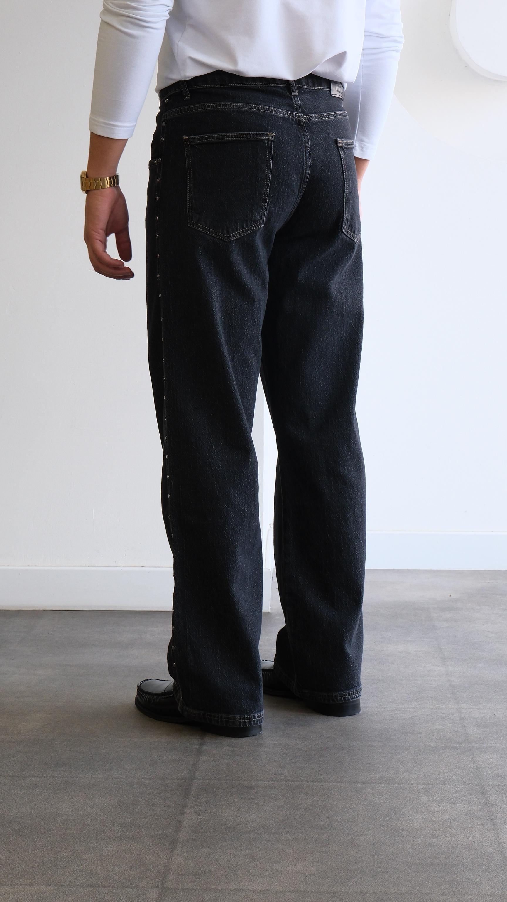 Metal Detaylı Gri Baggy Jean Pantolon