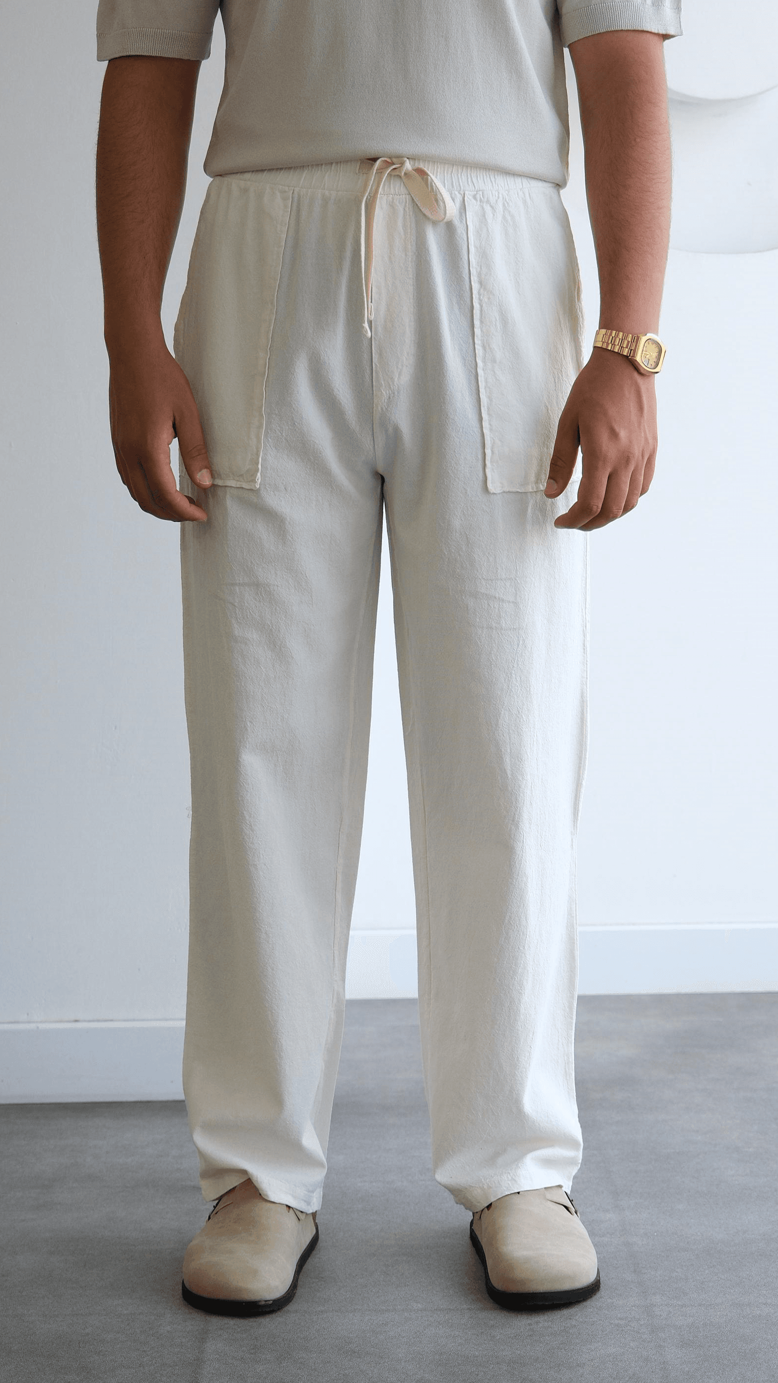 Ekru Baggy Keten Pantolon