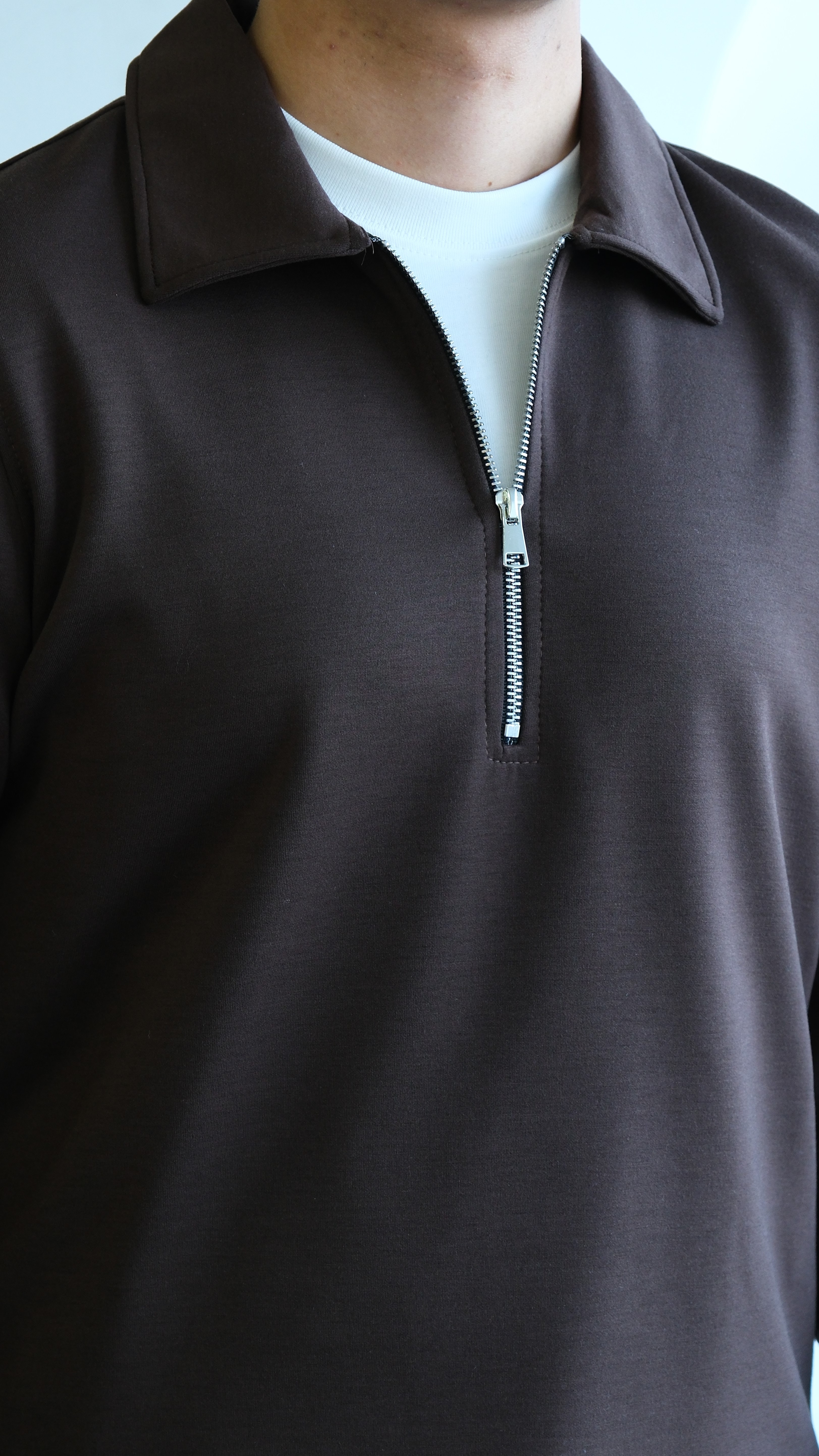 Kahve Fermuarlı Apaş Yaka Scuba Sweat