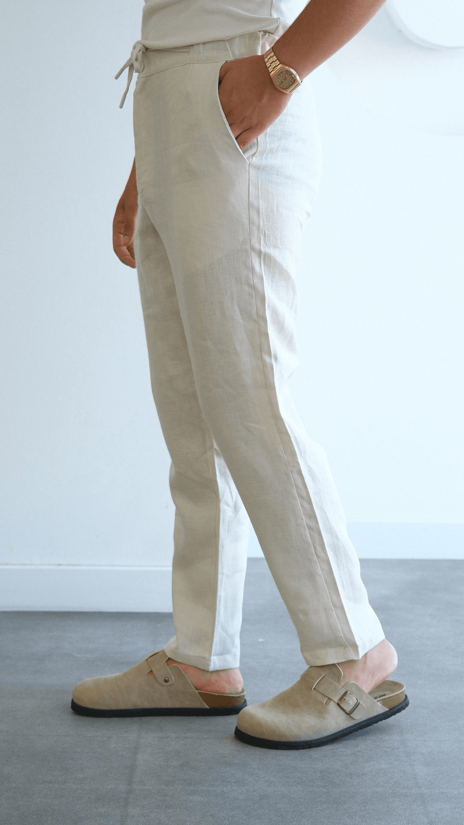 Regular Fit Ekru Keten Pantolon