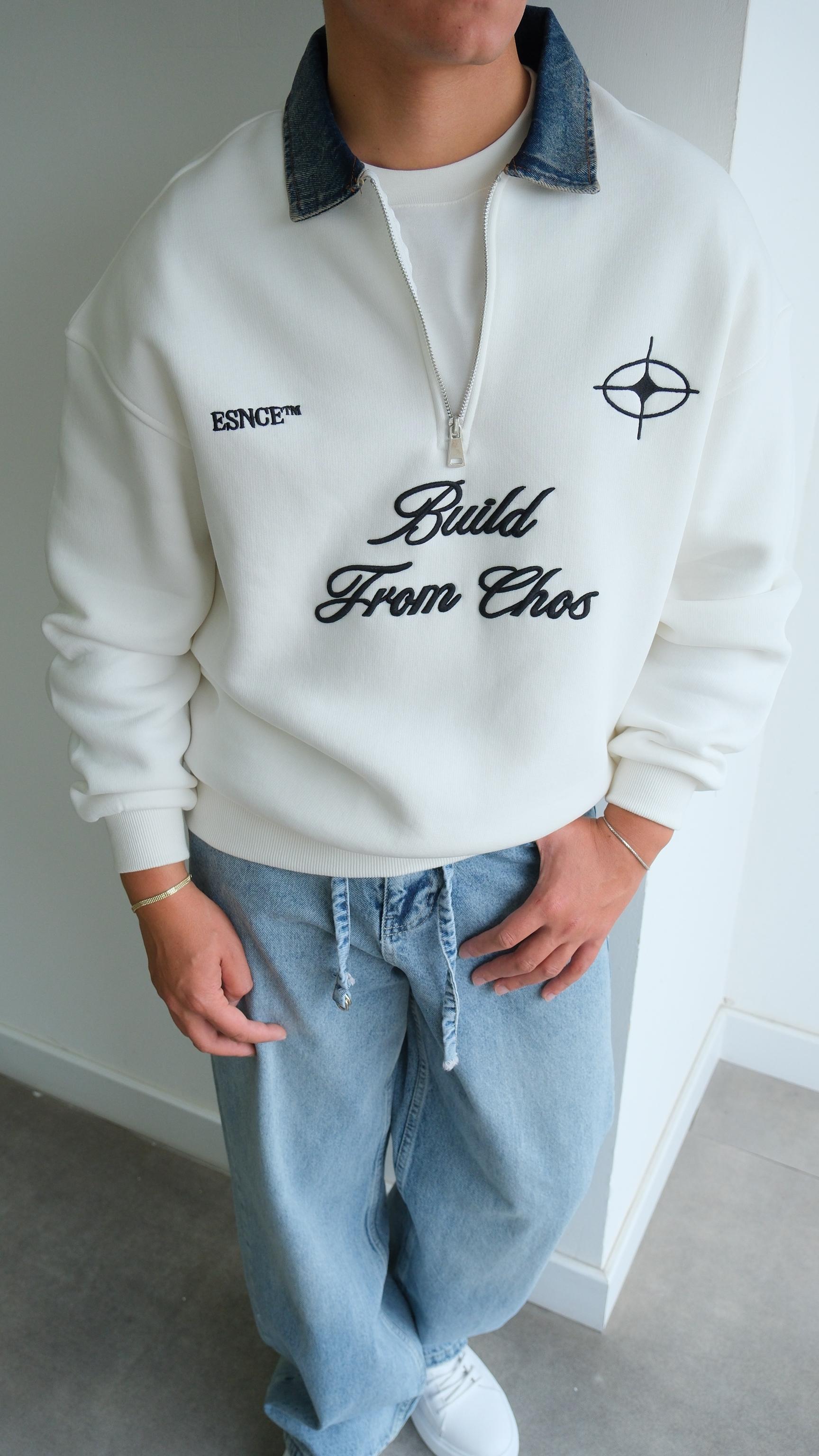 Fermuarlı Kot Polo Yaka Beyaz Sweat