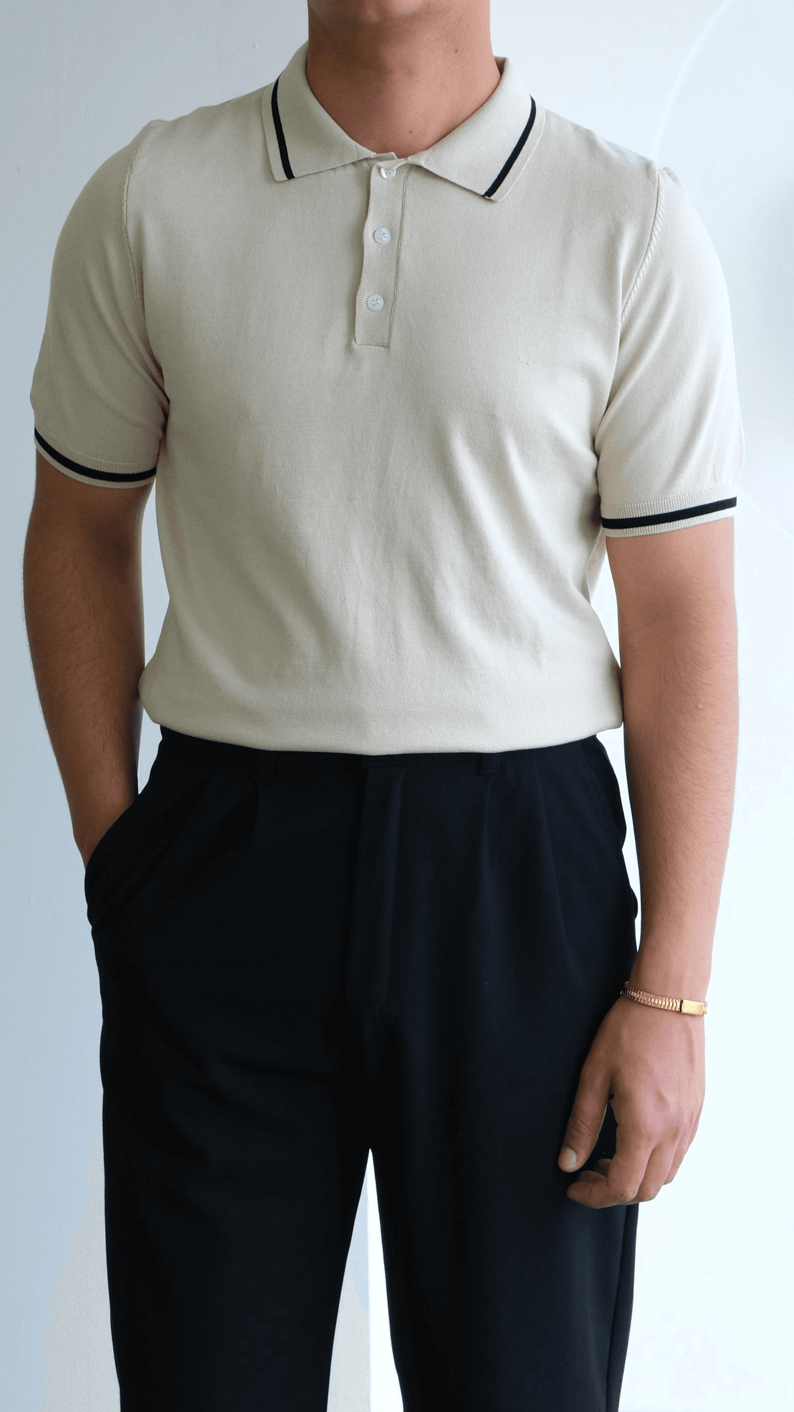 Bej Polo Yaka Şeritli Triko Tshirt