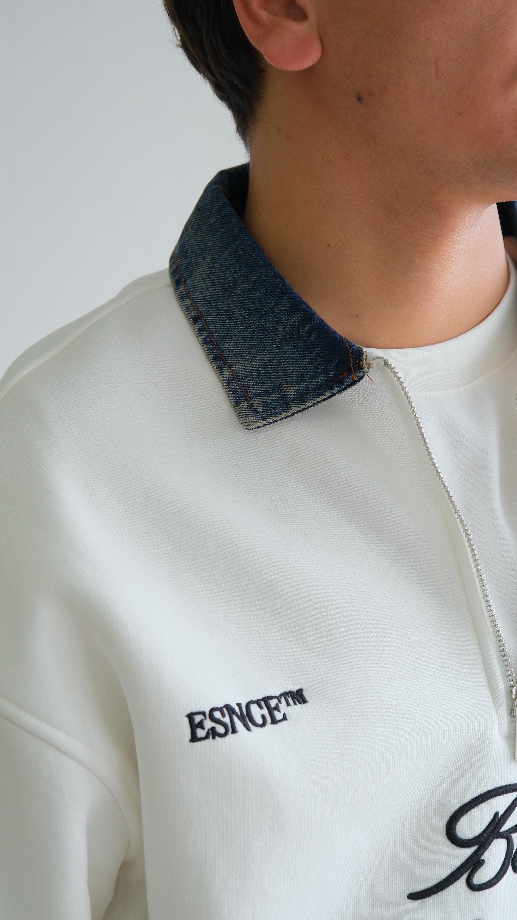 Fermuarlı Kot Polo Yaka Beyaz Sweat