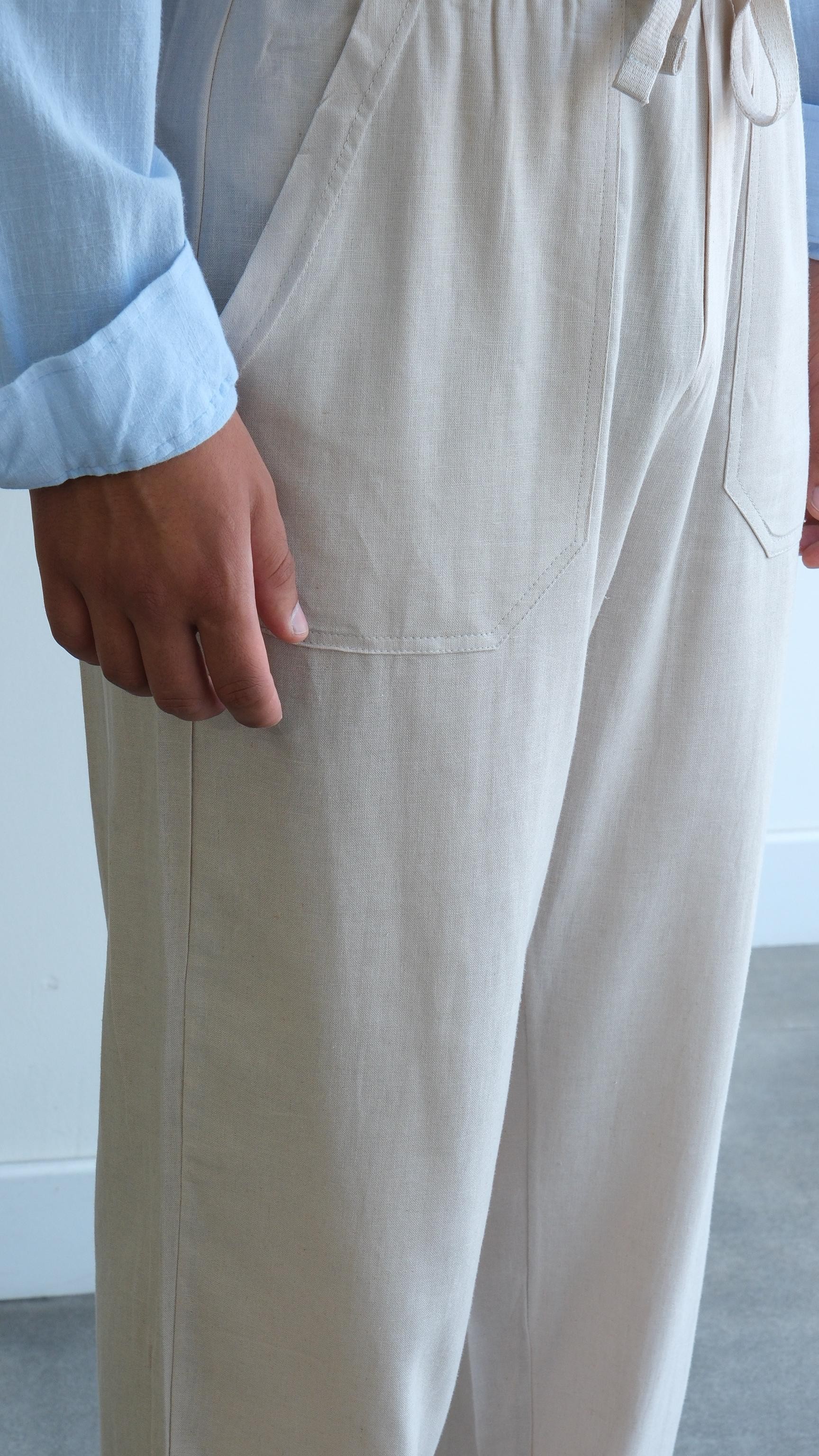 Bej Baggy Keten Pantolon 