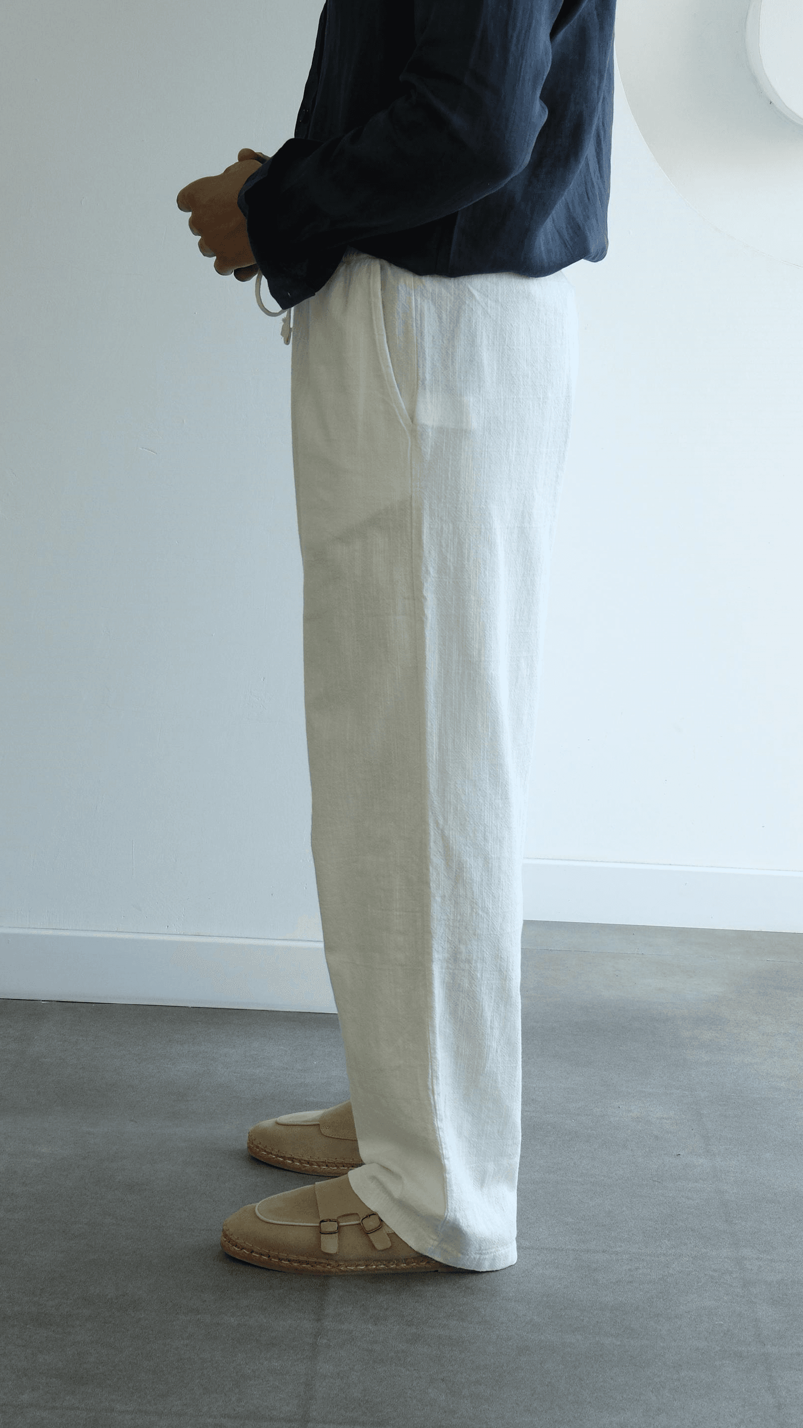 Beyaz Bağcıklı Baggy Keten Pantolon