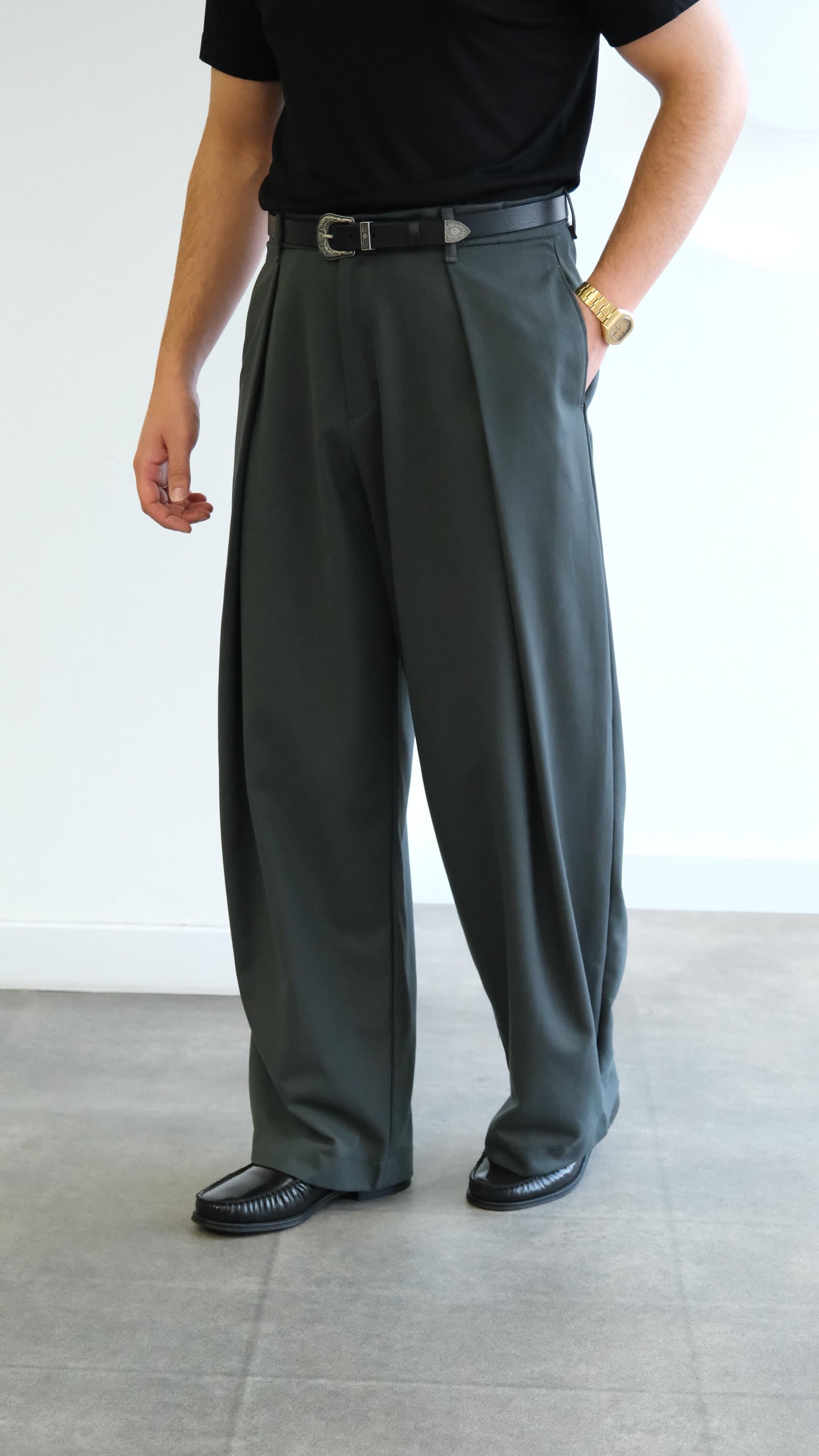 Petrol Yeşili Pileli Baggy Kumaş Pantolon