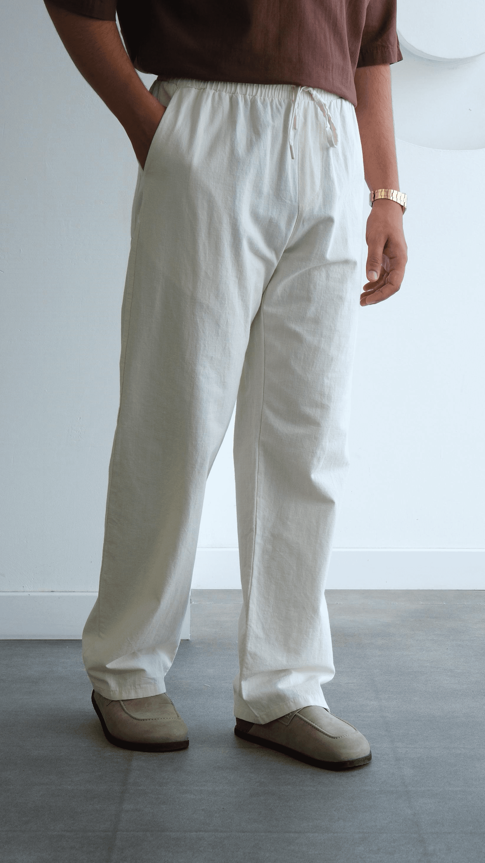 Bej Baggy Pamuk Keten Pantolon