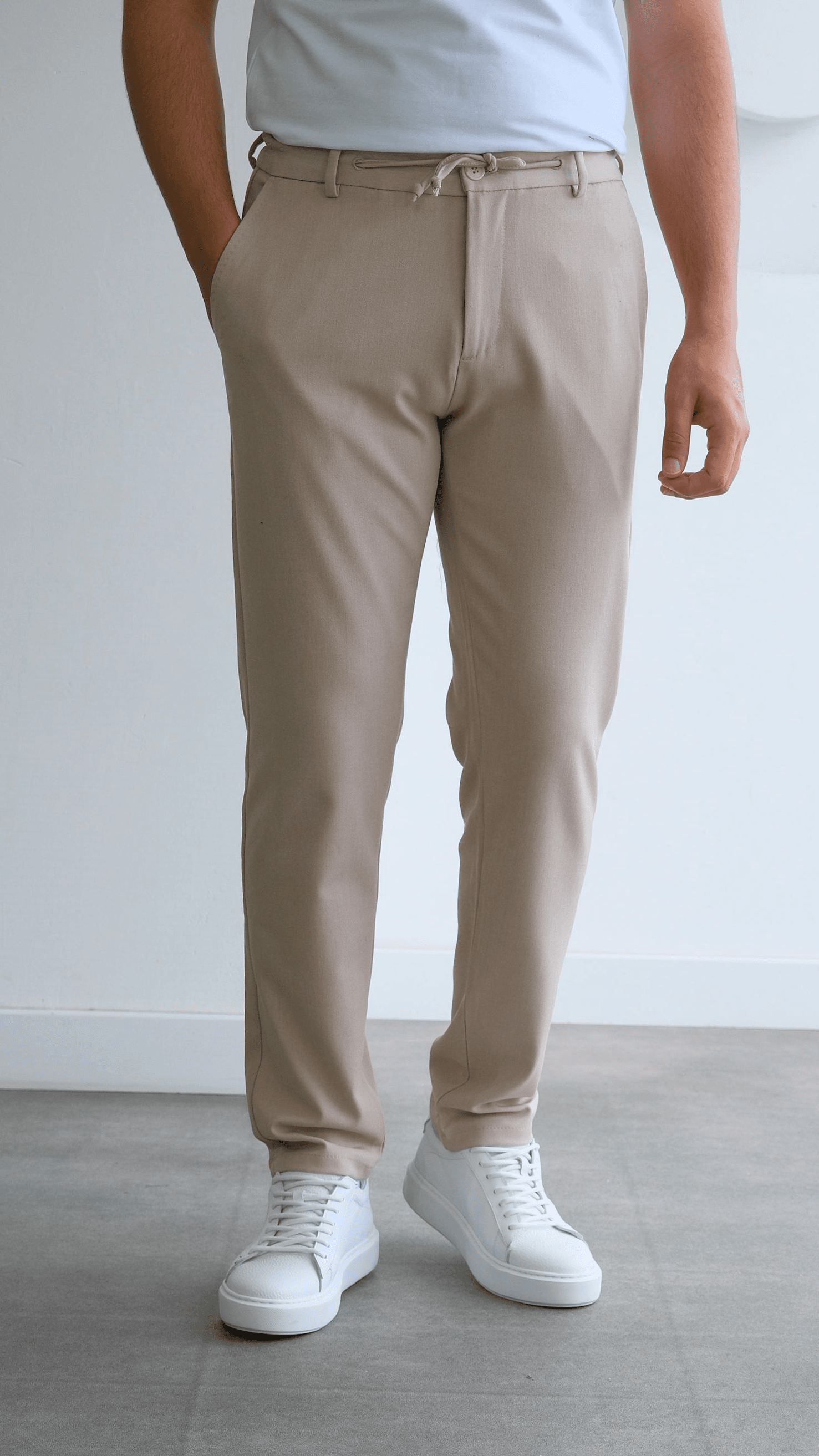 Bej Regular Belden Bağcıklı Kumaş Pantolon