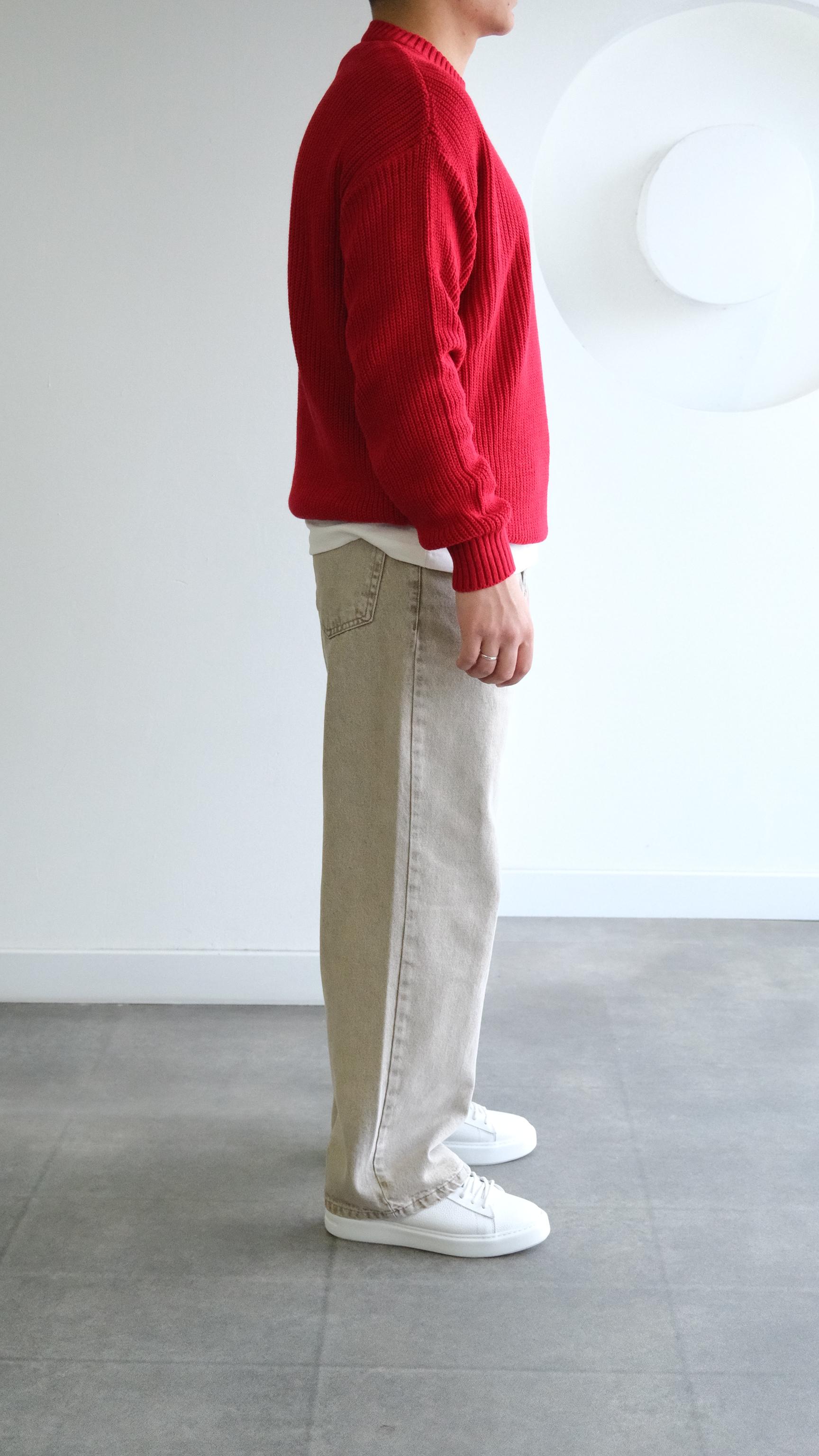 Kırmızı Örme Simit Yaka Kazak