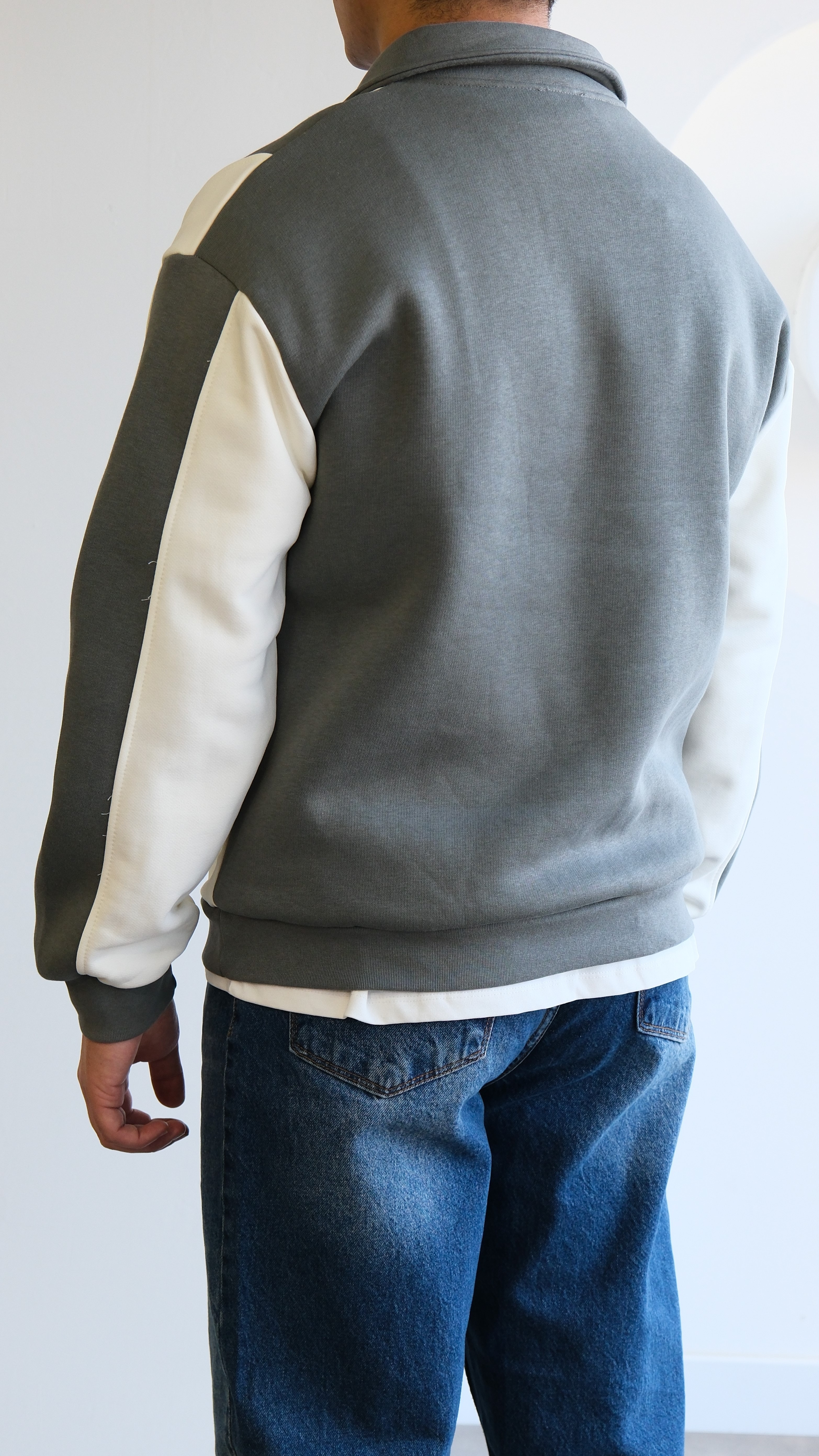 Haki/ Ekru Şeritli Polo Yaka Sweatshirt