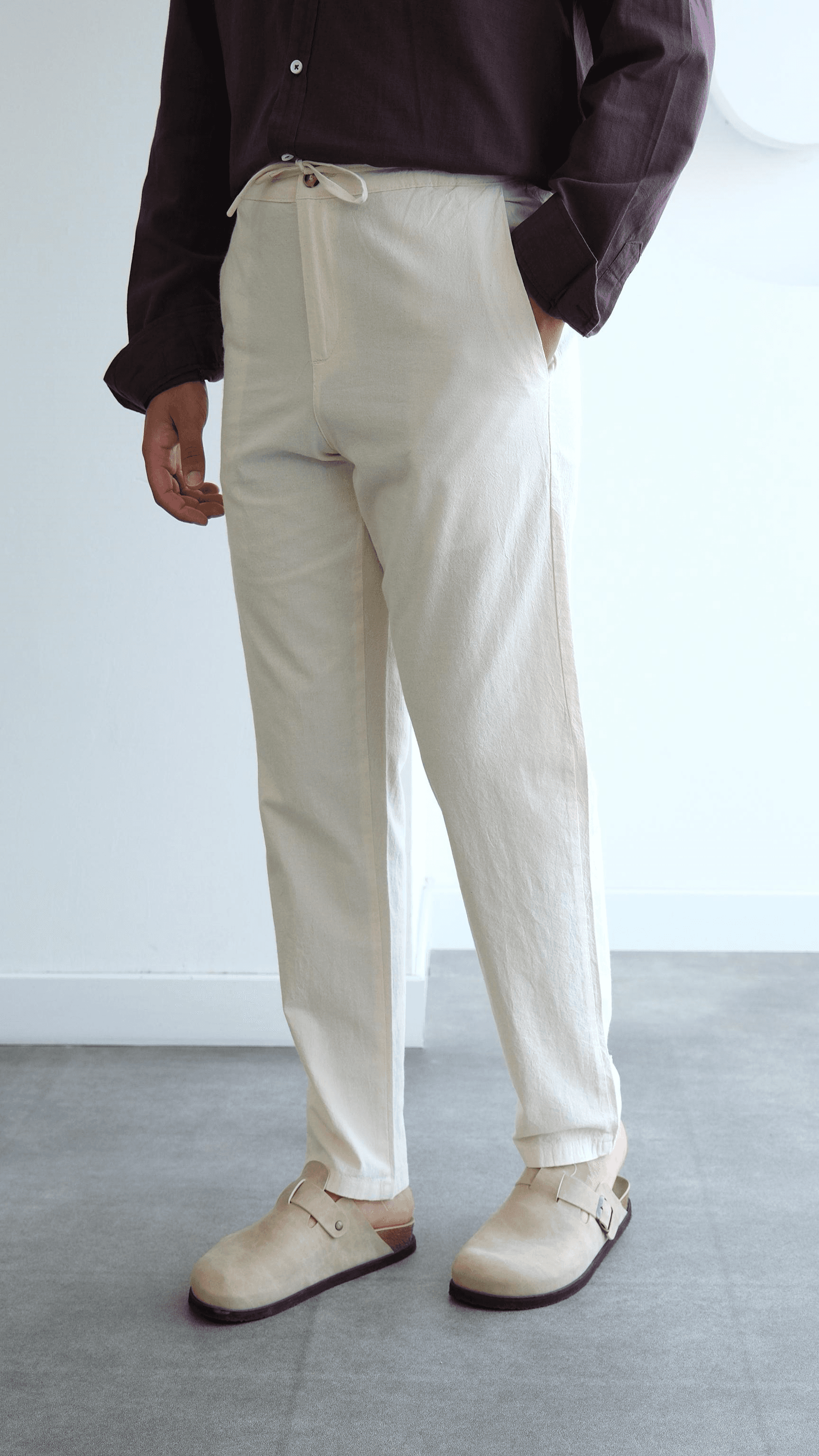 Bej Regular Bağcıklı Keten Pantolon