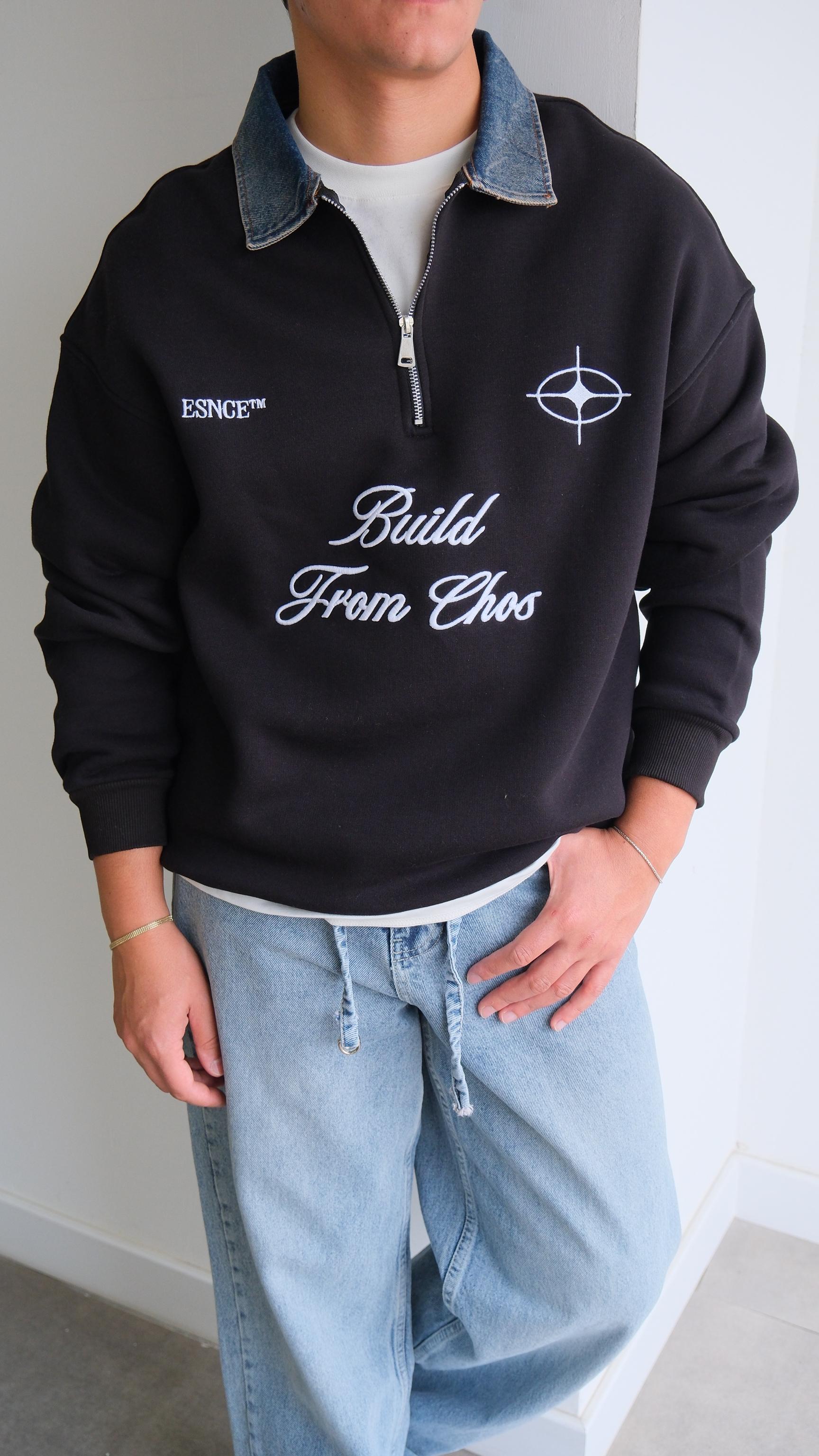 Fermuarlı Kot Polo Yaka Siyah Sweat