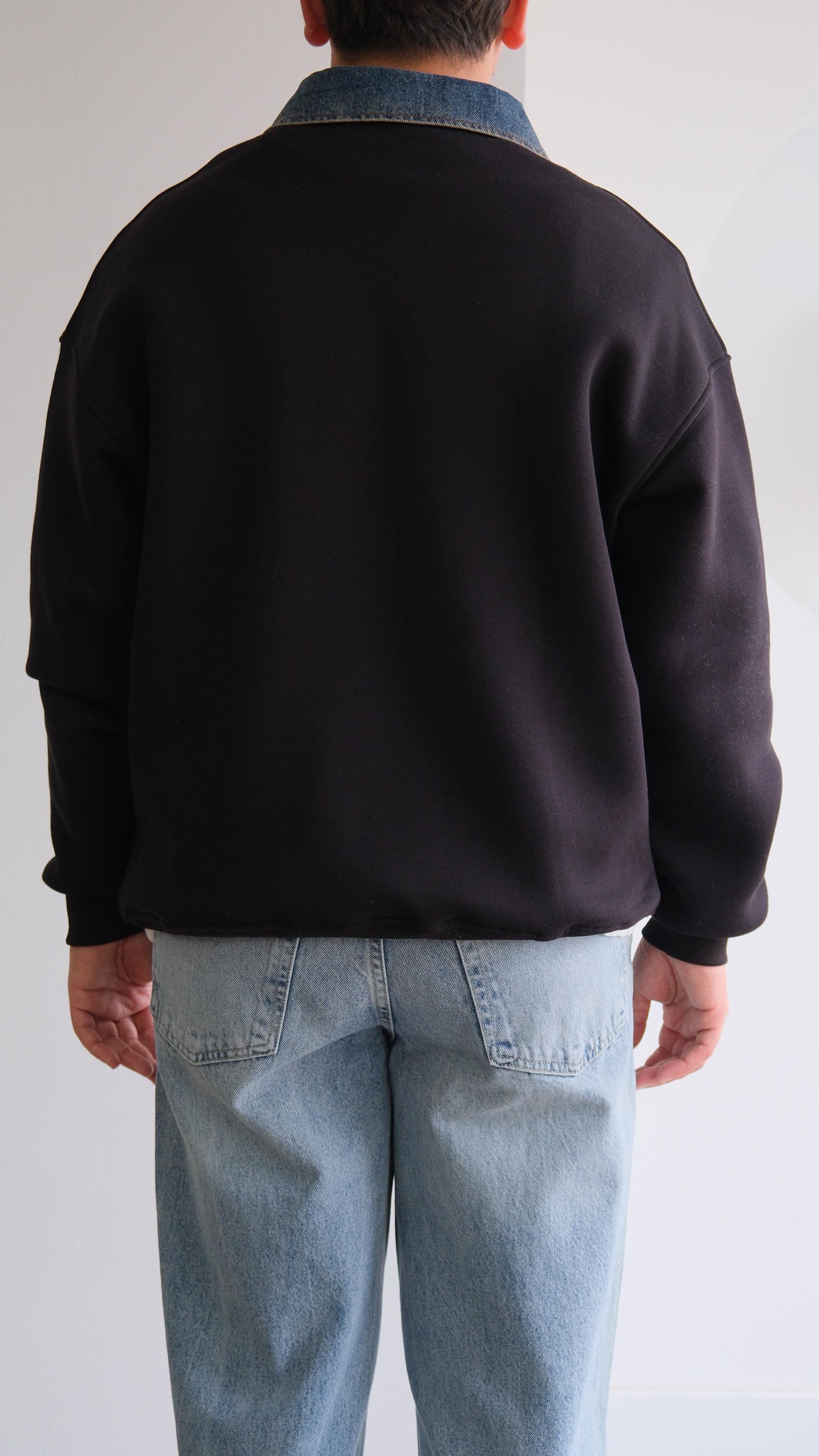 Fermuarlı Kot Polo Yaka Siyah Sweat