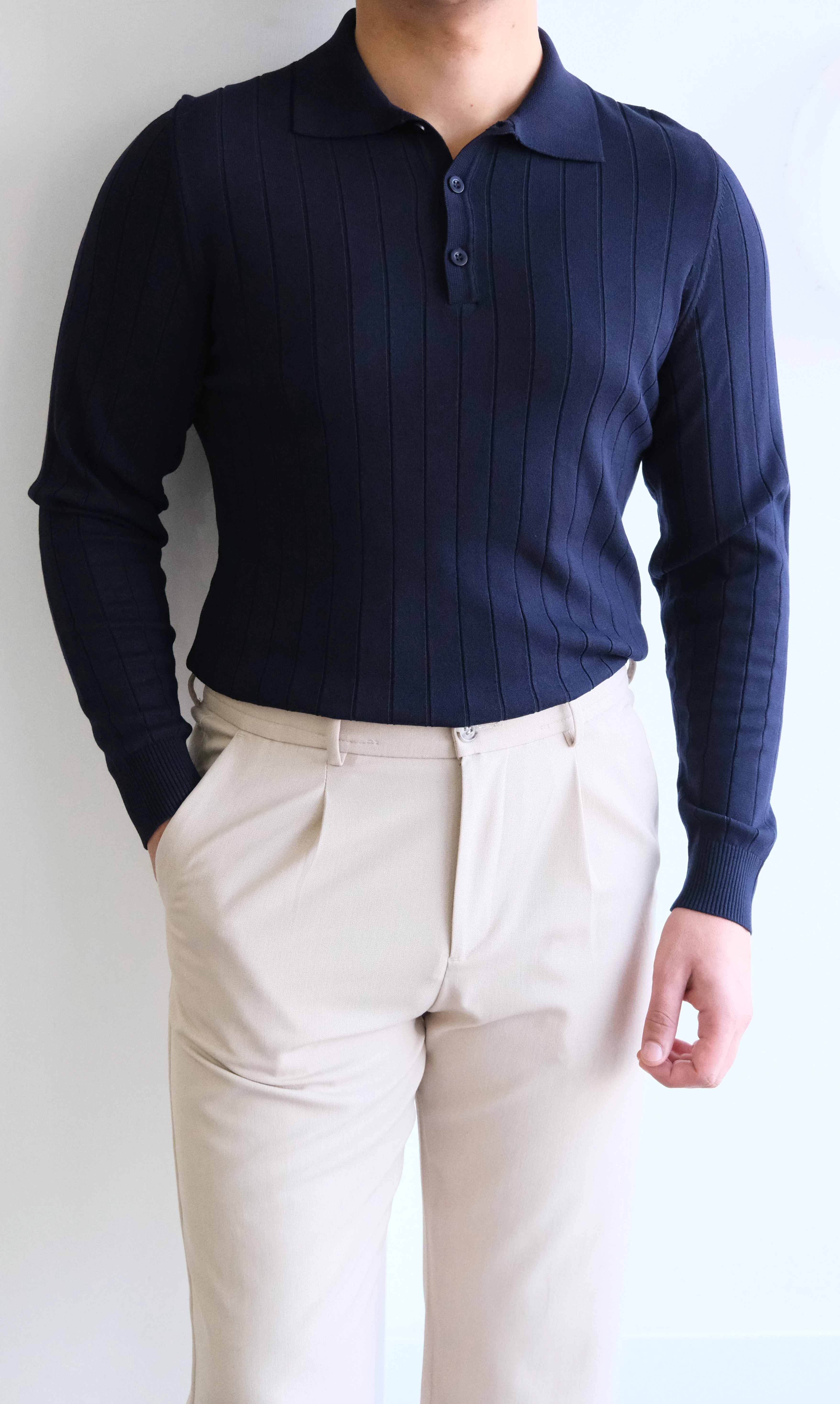 Polo Yaka Şeritli Lacivert Triko