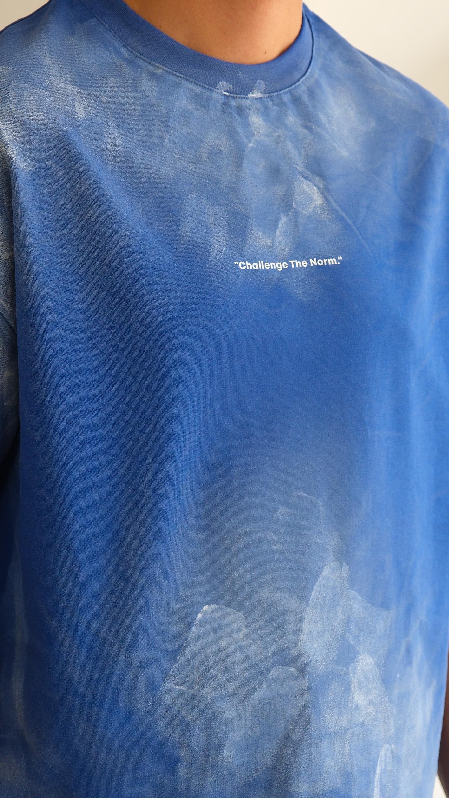 Saks Mavisi Yazı Baskılı Yıkamalı Tshirt