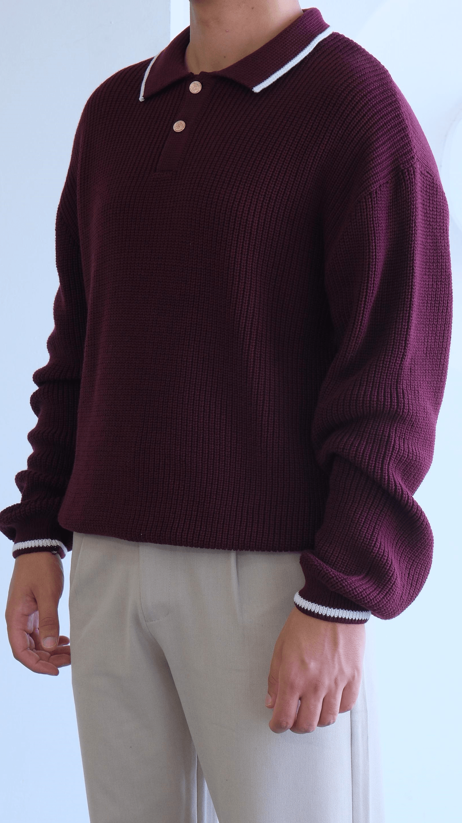 Bordo Örme Polo Yaka Şeritli Kazak