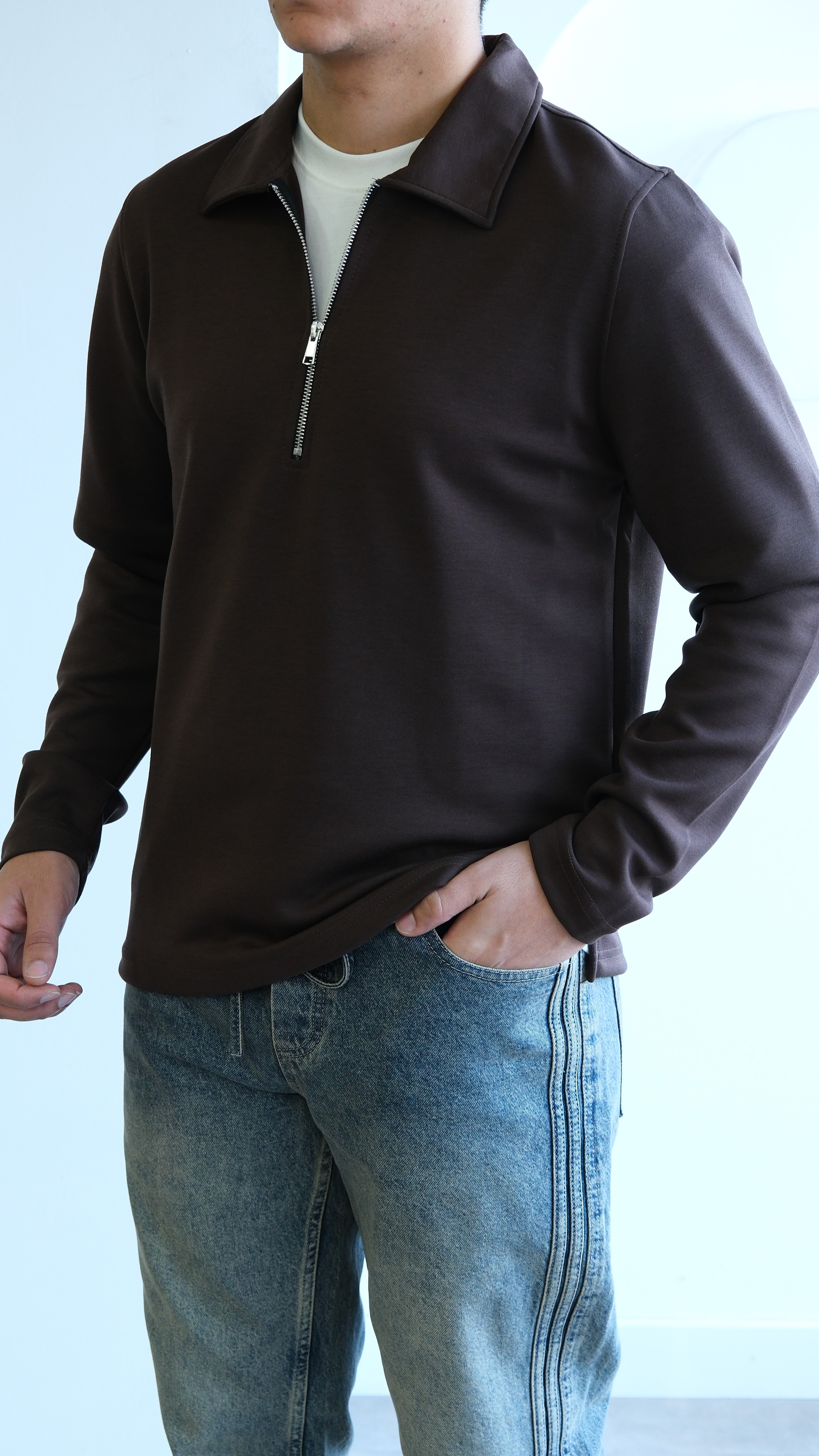 Kahve Fermuarlı Apaş Yaka Scuba Sweat