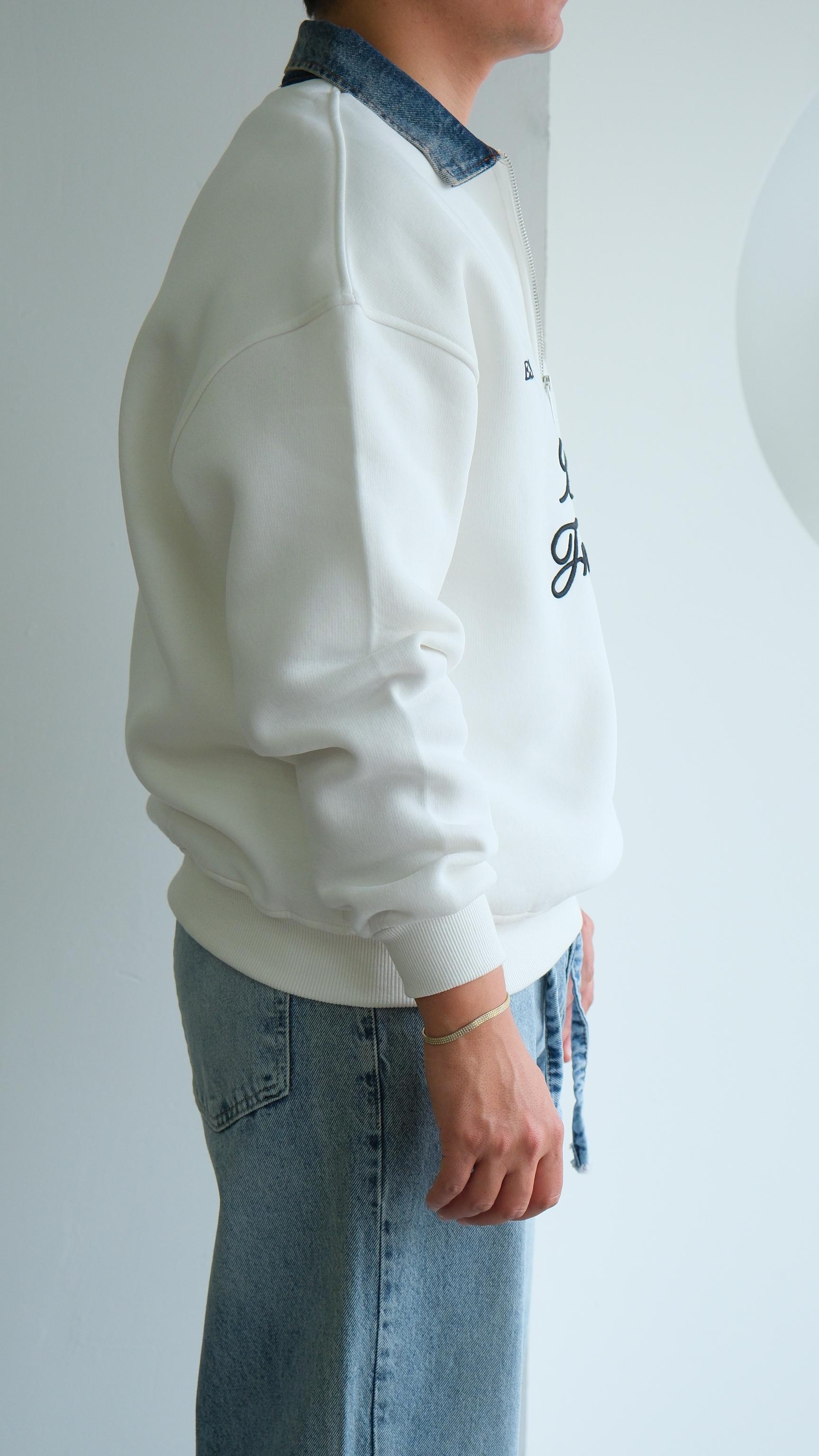 Fermuarlı Kot Polo Yaka Beyaz Sweat