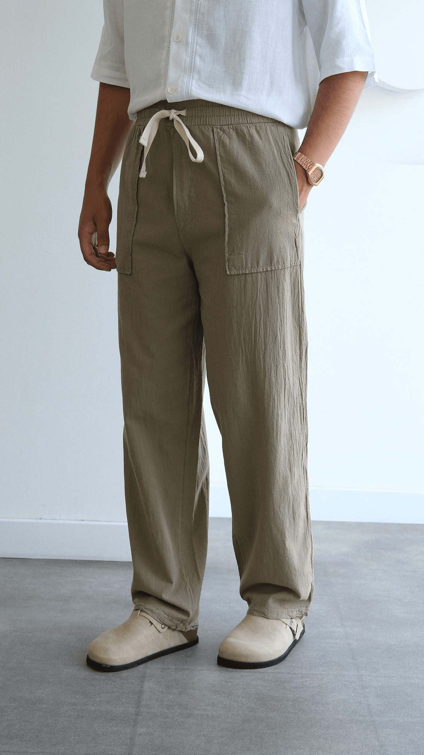 Haki Baggy Keten Pantolon
